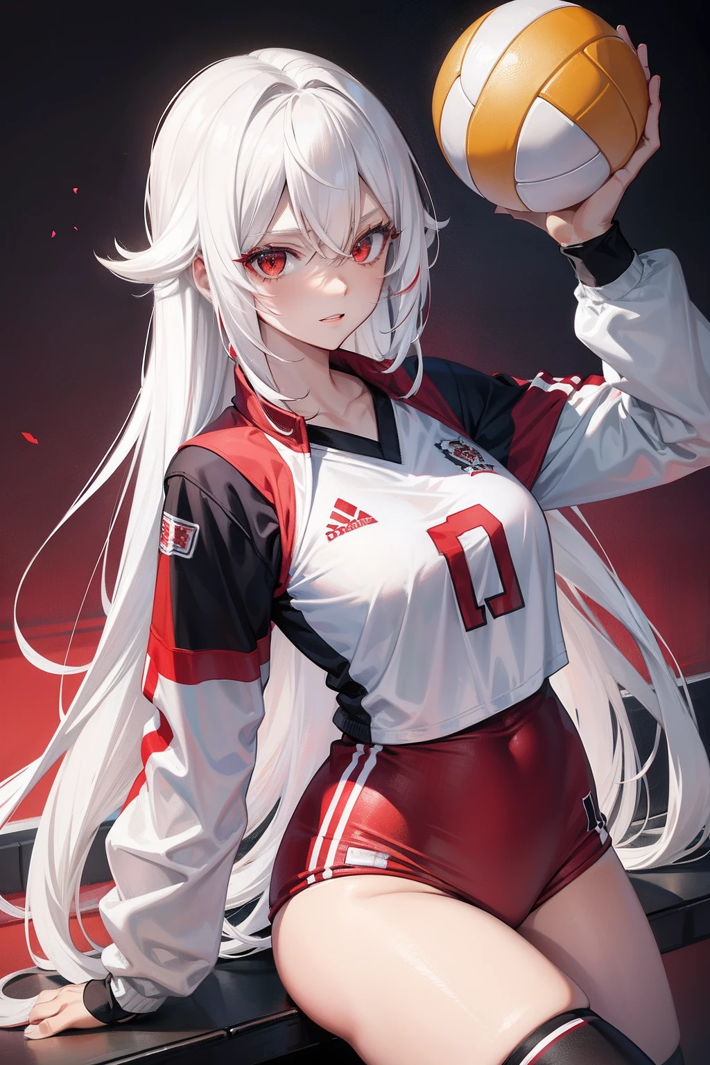 Kizi,Red eyes,White hair, female, volleyball jersey,