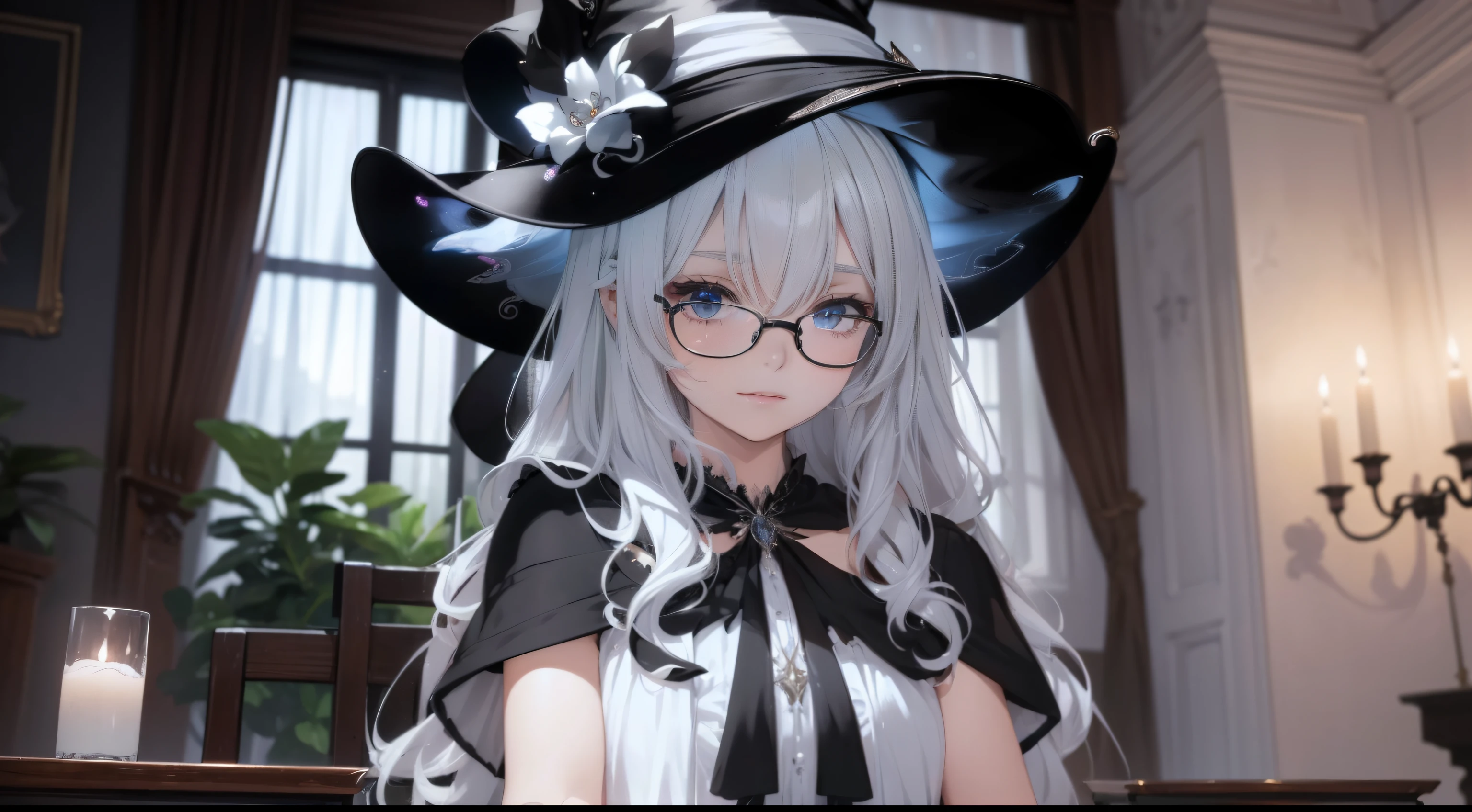 ((Best quality)), ((Masterpiece)), ((Ultra-detailed)), (illustration), (Detailed light), (An extremely delicate and beautiful),,A charming young girl,sorceress woman,Cute face,(Lucifer - The New Magician),(Sexy figure),Black magic robe,Short black shawl,Big black witch hat,white dresses,Glasses,Holding a large wand,Water magic