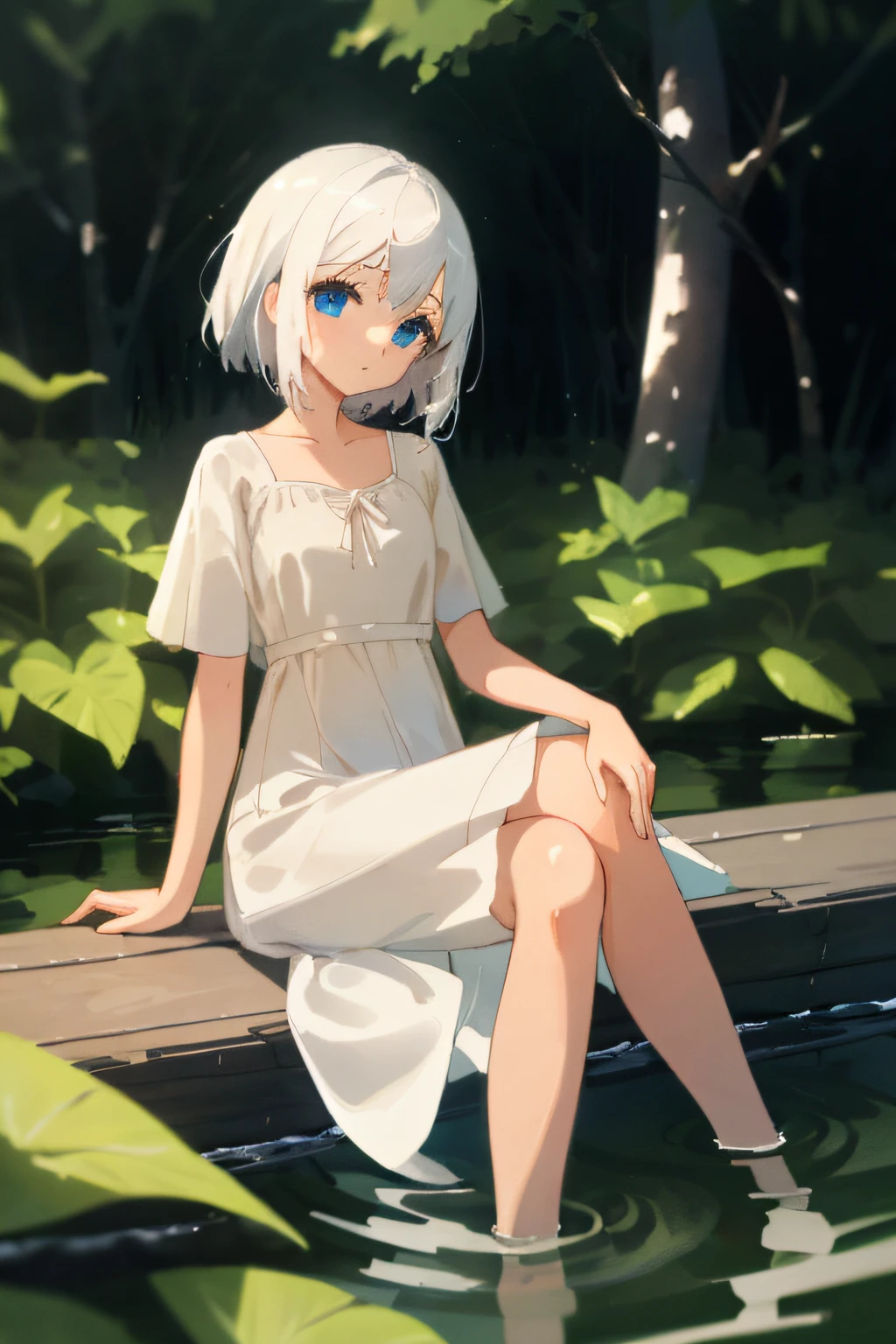 (Masterpiece , high quality) , young girl , white hair , blue eyes , beige skin , in nature , light blur , simple white dress , sitting , kindly staring at a viewer, feet in water, relaxed