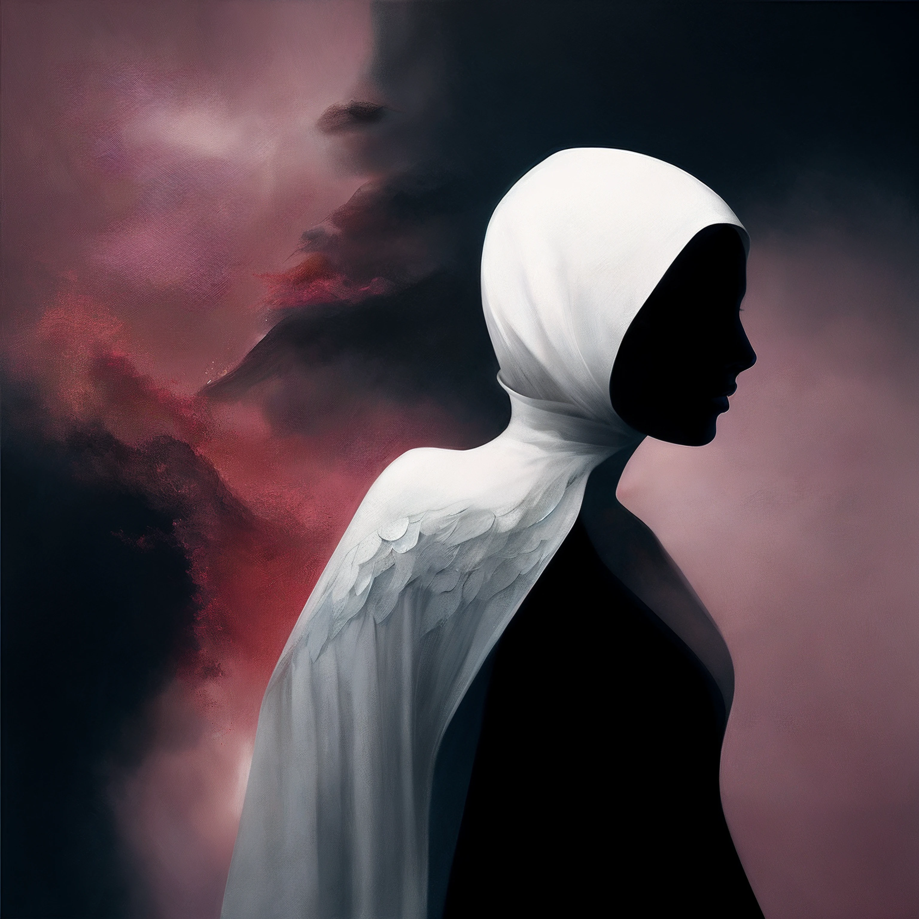 Hay una mujer con un velo en la cabeza y una nube de humo roja en el fondo., Velada, en perfil, inspirado por Maciej Kuciara, Amy Judd, by Anna Füssli, Figura amortajada, Mujer encapuchada, Yuri Shwedoff y Tom Bagshaw, inspirado por Arik Brauer, Anna Dittman