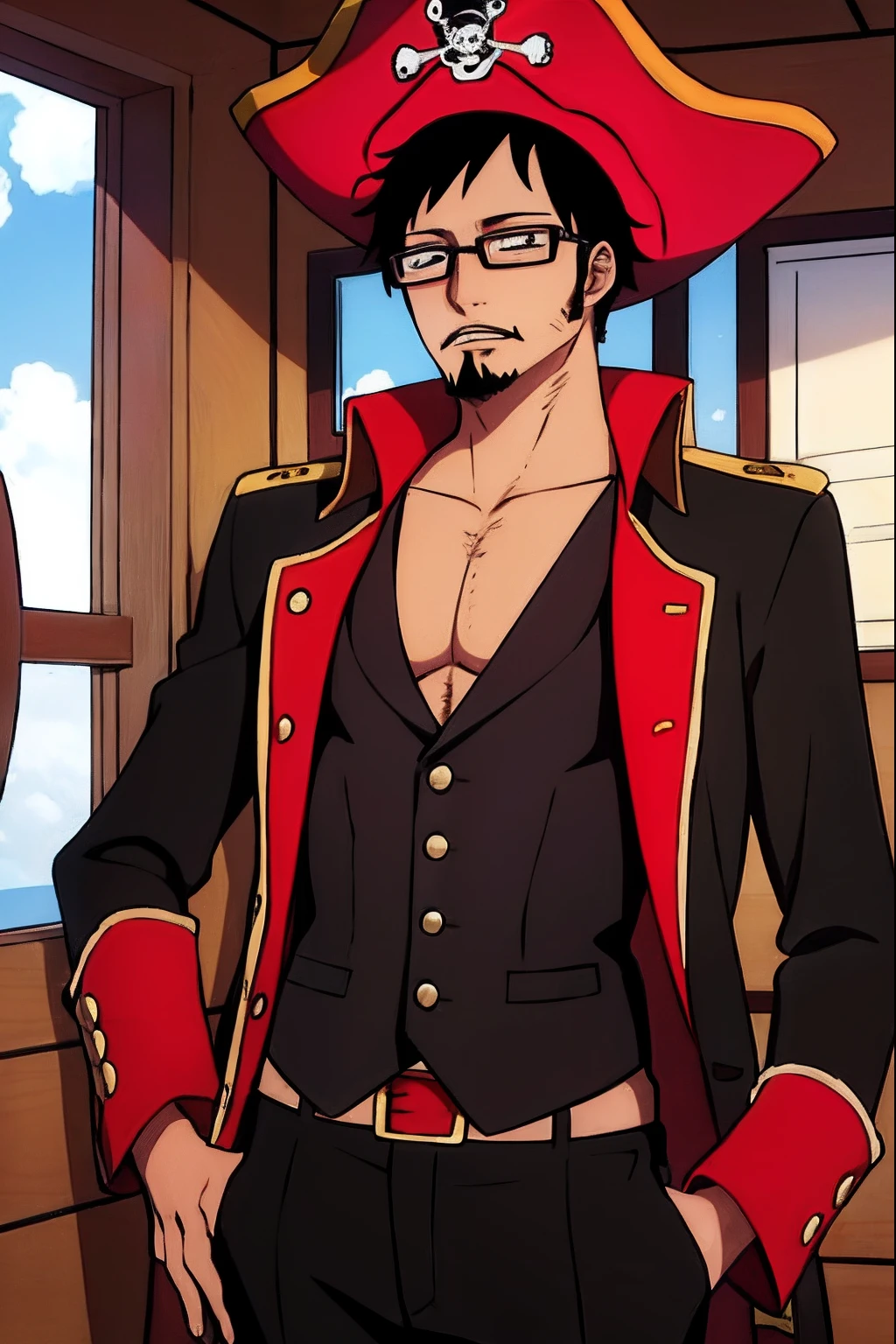 24 year old pirate in captain's formal clothes, with short black hair, goatee, wearing glasses, with a captain's hat, in the captain's cabin, (highly detailed), ((masterpiece))