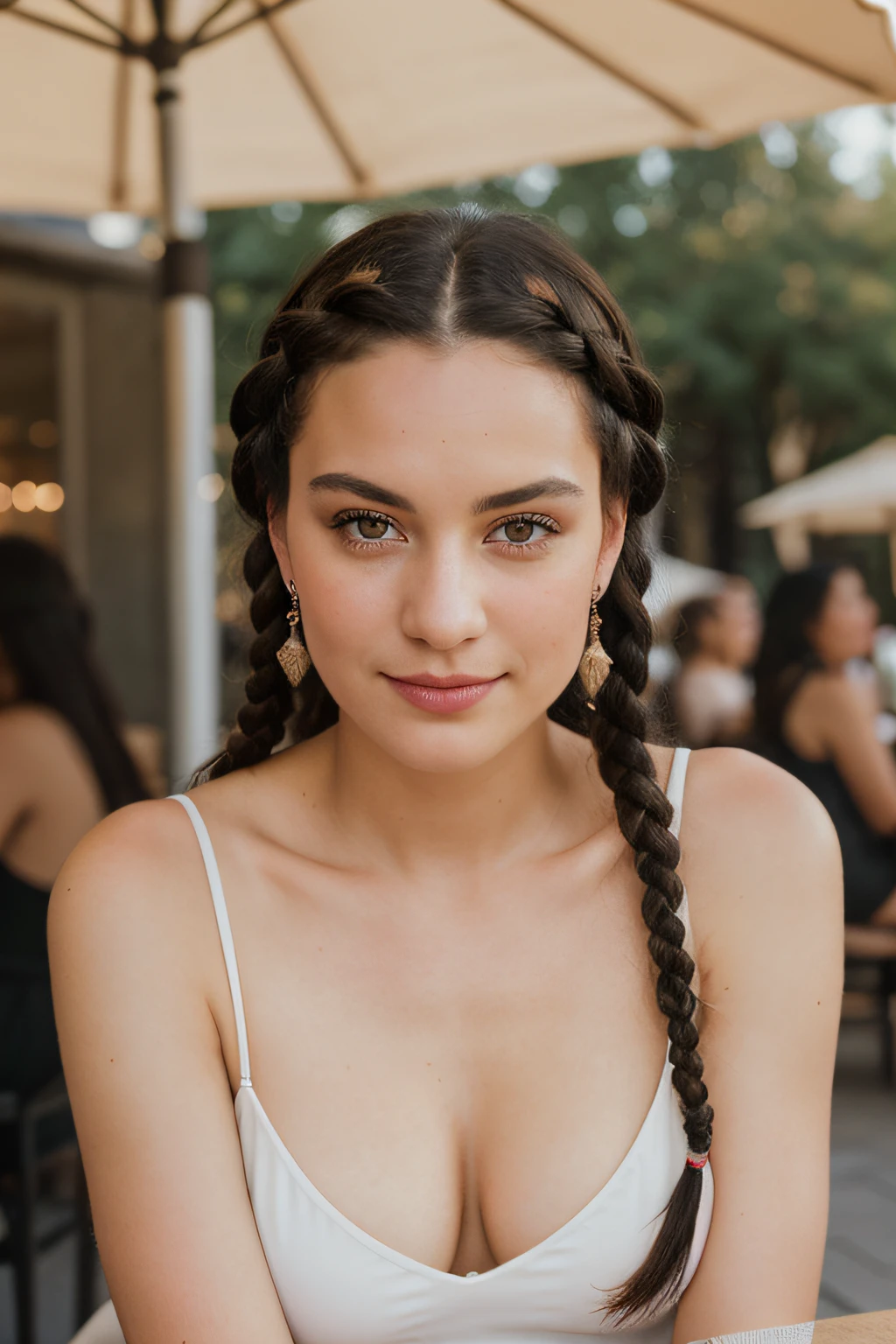 RAW, analog, Nikon Z 85mm, award winning glamour photograph,((best quality)), ((masterpiece)), ((realistic)), 18th century, KarolinaDemy:0.9 piercing eyes, looking straight, very happy, black hair, quad braids, in a outdoor cafe, afternoon light, protrait