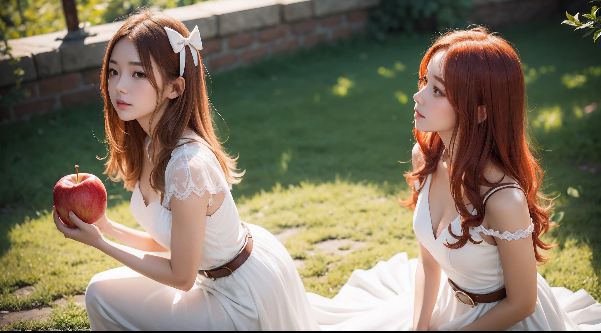 Red-haired girl holding an apple，Kneel on one knee and bow。blonde belt，Gorgeous white dress，Stocking details，Delicate close-up of the skin，Look up，