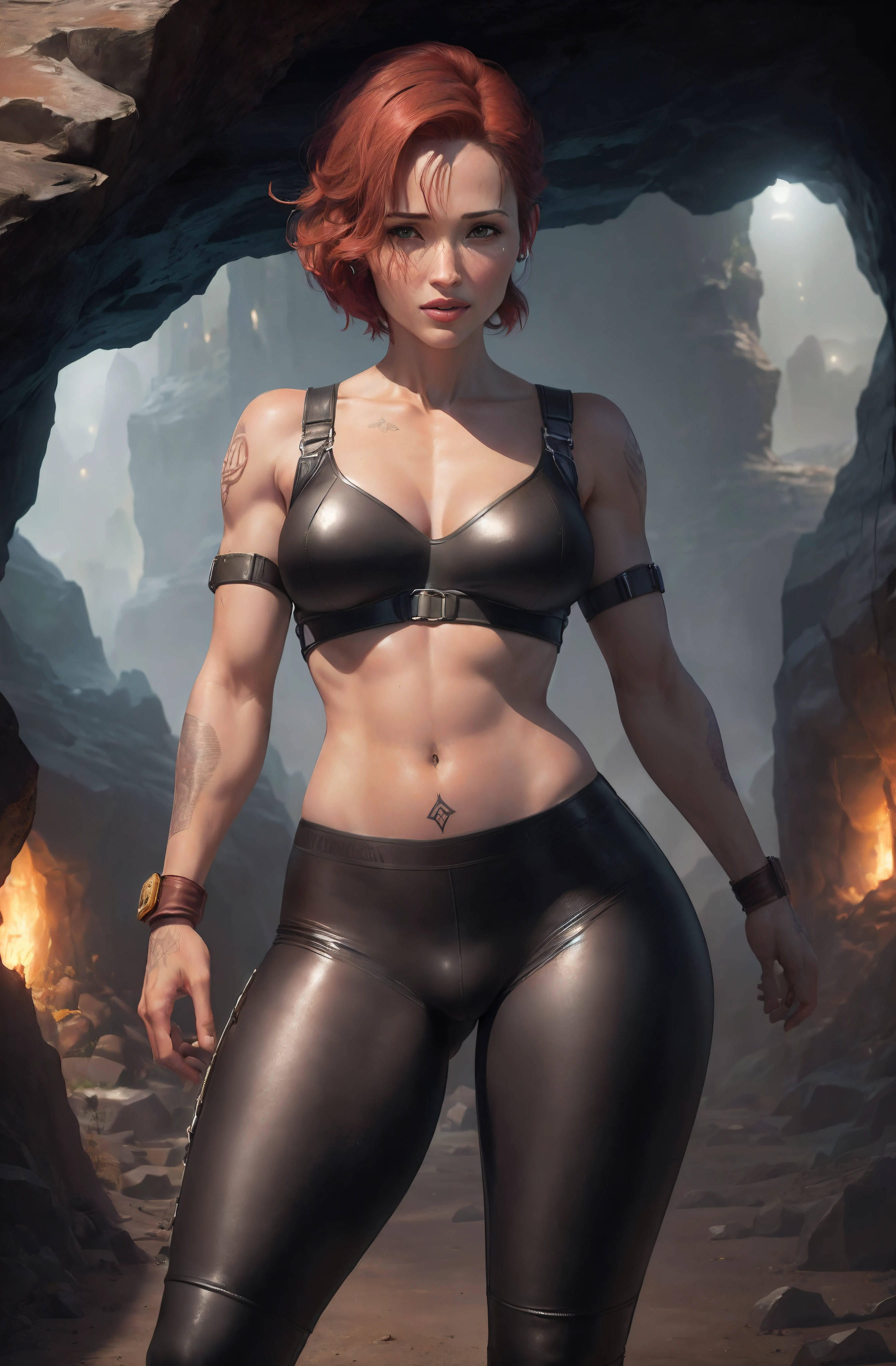 ((Jennifer Garner as Electra), ((very short red hair)), large breasts, ((tattoos covering body)), ((very defined muscles)), ((narrow waist)), ((thin waist)), ((lred leather pants with underwear showing)), ((small amount of pubic hair)), (Electra), ((camel toe)), ((cameltoe)), ((Tomb Raider style)), ((in a dark cavern city))