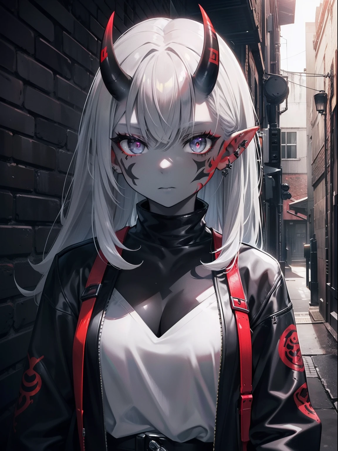 (Masterpiece, Best quality, ultra high resolution),1girl,redhead,oni horns,oni girl,face tattoo,(colored skin,grey skin,gray skin tone),black jacket,rock punk fashion, beautiful and detailed face, detailed eyes,in an alleyway,(grey theme)