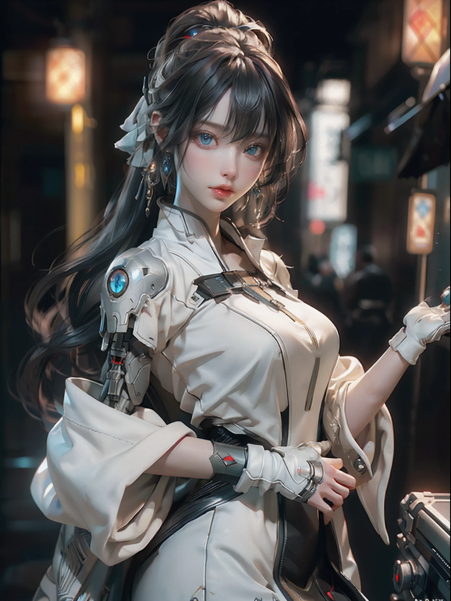 ((Best quality)), ((masterpiece)), (detailed:1.4), 3D, an image of a beautiful cyberpunk female,HDR (High Dynamic Range),Ray Tracing,NVIDIA RTX,Super-Resolution,Unreal 5,Subsurface scattering,PBR Texturing,Post-processing,Anisotropic Filtering,Depth-of-field,Maximum clarity and sharpness,Multi-layered textures,Albedo and Specular maps,Surface shading,Accurate simulation of light-material interaction,Perfect proportions,Octane Render,Two-tone lighting,Wide aperture,Low ISO,White balance,Rule of thirds,8K RAW, asian skin tone, intricate, elegant, realistic depth of field photography, perfect natural lighting (masterpiece, sidelighting, finely detailed beautiful eyes: 1.2), long hair, realistic lots of hair, realistic suit, realistic human face, realistic cyber city background, girl with robot arm, girl with body robot,
