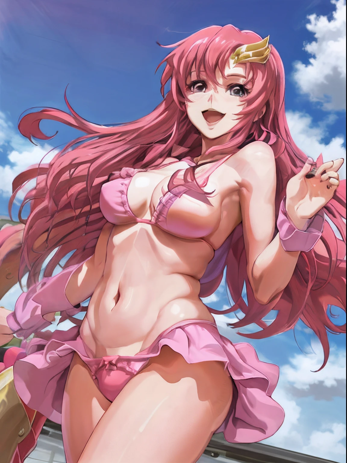 (masterpiece, 4K, Best Quality, Anime style: 1.9, bold drawing lines, High color saturation, Detailed face, tall, Adult Woman, lovely, (cloud background), Drawing lines, high resolution, Anime, lacus4), 1girl in, Solo, curvy figure, Long hair, 鎖骨, scapular, Wavy Hair, Detailed wide hair bangs, Hair Ornament, Detailed reddish-pink hair, cleavage, large hands, Big blue eyes, Smile, closed mouth, very slim belly, Very happy, closed fists, (laughing, open mouth), ((medium breasts)), (pink tiny bikini top with frills, pink bikini thong), elbow pads, strong arms, biceps, rib lines, long belly, lip stick, (lean forward)