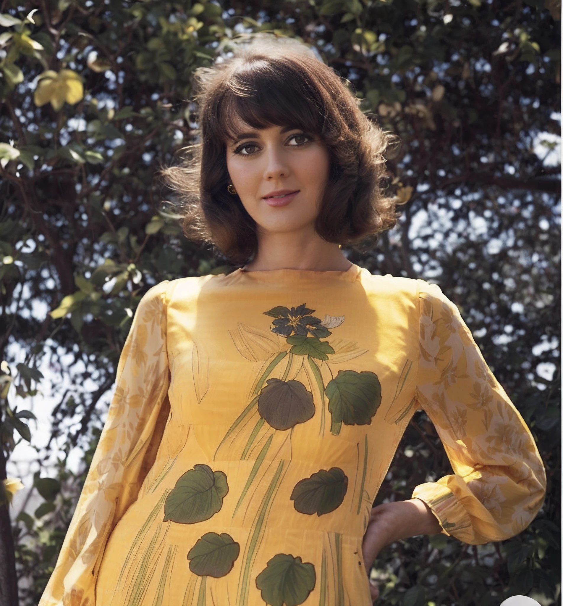 arafed woman in a yellow dress standing in front of a tree, wearing yellow floral blouse, late 1 9 6 0's, sandra chevier, lady using yellow dress, retro 6 0 s fashion, 1960s style, 60s style, 6 0 s style, marie - gabrielle capet style, oct, color 1970