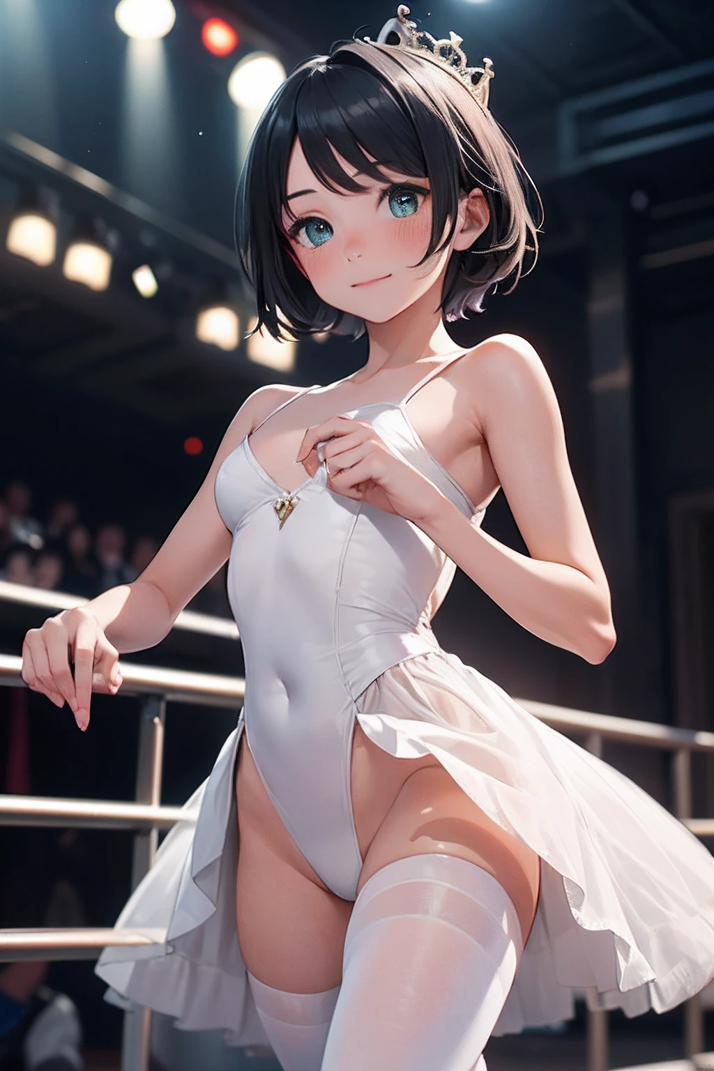 ((masterpiece,best quality)), highres, extremely detailed 8K wallpaper, depth_of_field, best shadow, (Colorful),(Delicate eyes and face), nice hand, Perfect hands, (no lighting), Ray tracing, BREAK
(1girl in), mogami \(kancolle\), black hair, short hair, black eyes / green eyes, swept bangs, small breasts, slender, skinny, smile, (full-face blush), BREAK,
(ballerina, ballet:1.2), (tutu:1.3), (white leotard:1.2), (white dress:1.3), (white pantyhose:1.2), bare shoulders, tiara, cameltoe, point shoes, ballet slippers, sexy, BREAK,
(cowboy shot and knee:1.5), stomach focus, ((dancing saloon)), night time, (dark backgrounds:1.3),