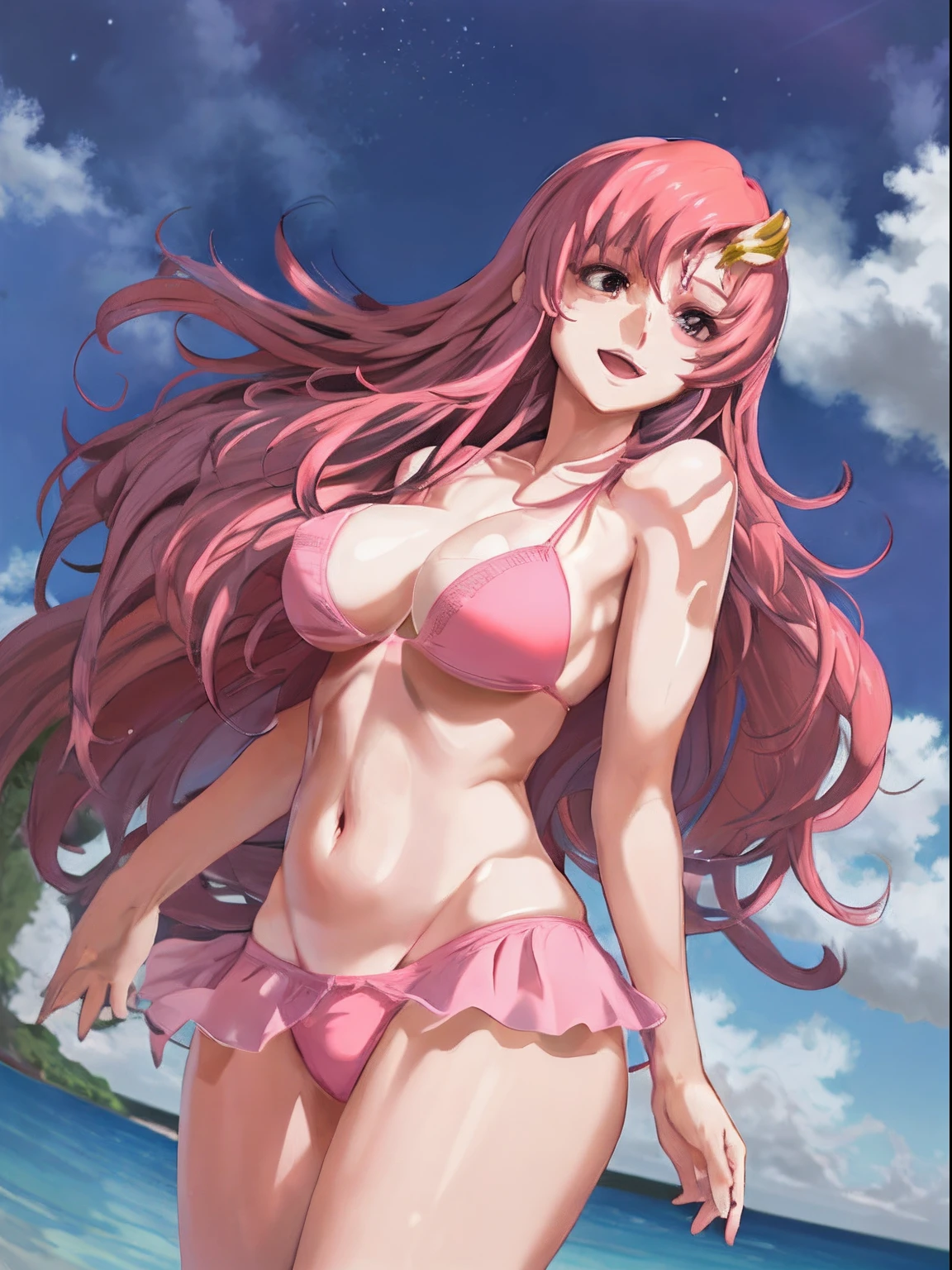 (masterpiece, 4K, Best Quality, Anime style: 1.9, bold drawing lines, High color saturation, Detailed face, tall, Adult Woman, lovely, (cloud background), Drawing lines, high resolution, Anime, lacus4), 1girl in, Solo, curvy figure, Long hair, 鎖骨, scapular, Wavy Hair, Detailed wide hair bangs, Hair Ornament, Detailed reddish-pink hair, cleavage, large hands, Big blue eyes, Smile, closed mouth, very slim belly, Very happy, closed fists, (laughing, open mouth), ((medium breasts)), (pink tiny bikini top, pink bikini thong), elbow pads, strong arms, biceps, rib lines, long belly, lip stick, (lean forward)