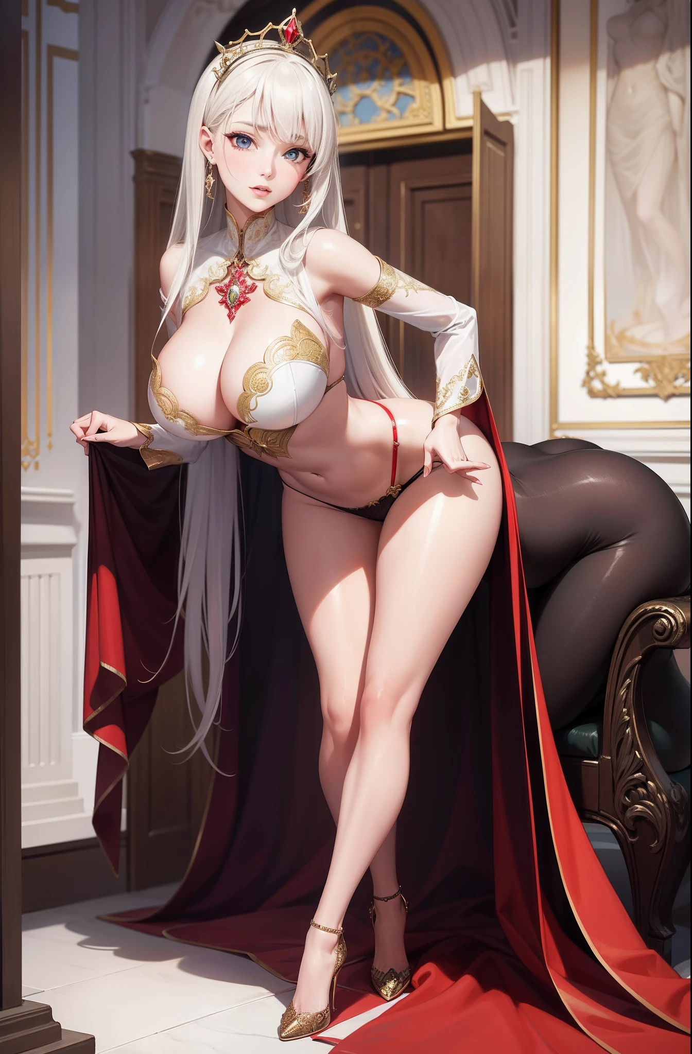 (Masterpiece:1.2, Best quality), (Very detailed face, Real picture, Delicate skin tone Realistic skin, Realistic body, Intricate details)，Full-fledged succubus，a queen，Tall figure，gigantic cleavage breasts，Large bust，gigantic ass，Large hips，large thick legs，Big breasts Thin waist，fully body photo，clear clothing，Whitens skin，high-heels，Scarlet gauze