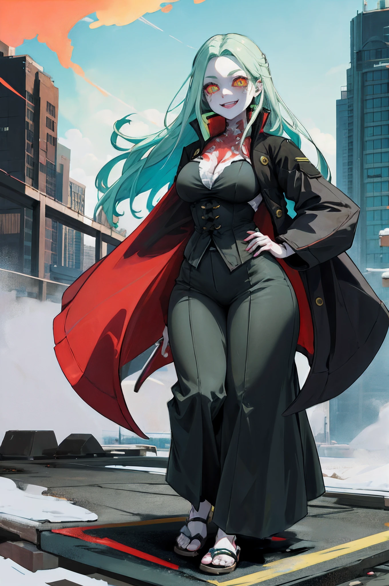 masterpiece, best quality, highres, 1girl, rebecca \(cyberpunk\), solo, long hair, mechanical eye, colored sclera, red sclera, colored skin, white skin, leg tattoo, neck tattoo, green hair, long hair, small breasts,, fang, red pupils, skin fang, red eyes, black jacket, standing, field,huge breast, tallgirl, long skirt, pullover, vest,, flipflops, standing, curvy,pants, full body, smile, victorian dress, victorian robe