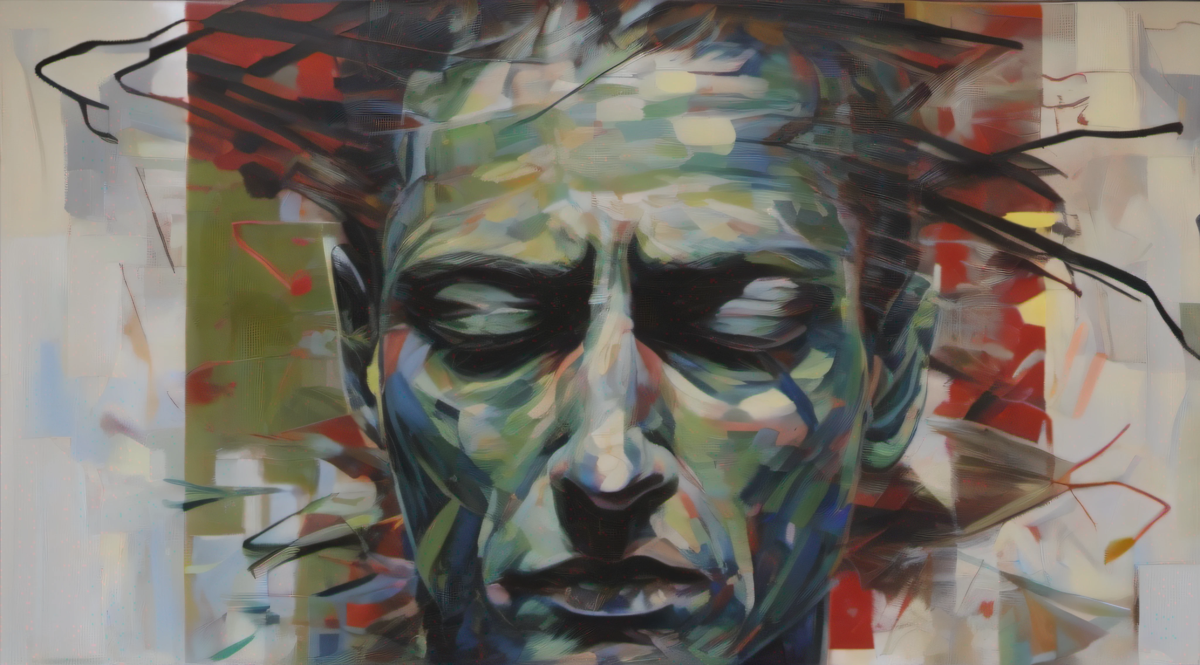 The color palette is dark and intense. Tons de preto, Dark gray and deep red create a foundation that reflects the dark and chaotic atmosphere of the music. Subtle touches of blue and green are used contrastingly to represent the elements of dissonance and disturbance present in the song.
No centro do quadro, A human figure is represented in a distorted and chaotic way. The figure is depicted in an expressionist style, with lines that twist and intertwine, creating a sense of disorder and agony. His facial expression conveys a sense of despair and confusion.
The texture of the painting is fragmented and chaotic, reflecting the atmosphere of disconnection from music. Abrupt brushstrokes and jagged textures coexist with softer surface areas, creating a sense of tension and disorder that reflects the dissonance present in the song.
Symbolic Details, as chaotic elements in the background and distorted shapes, are incorporated to reinforce the atmosphere of tumult and confusion of the music. These visuals add layers of meaning to the composition, representing emotional intensity and the feeling of loss of control.
The painting exudes a sense of chaos and despair, inviting the viewer to explore the complexities of human emotions present in the music "Halt" do Rammstein.