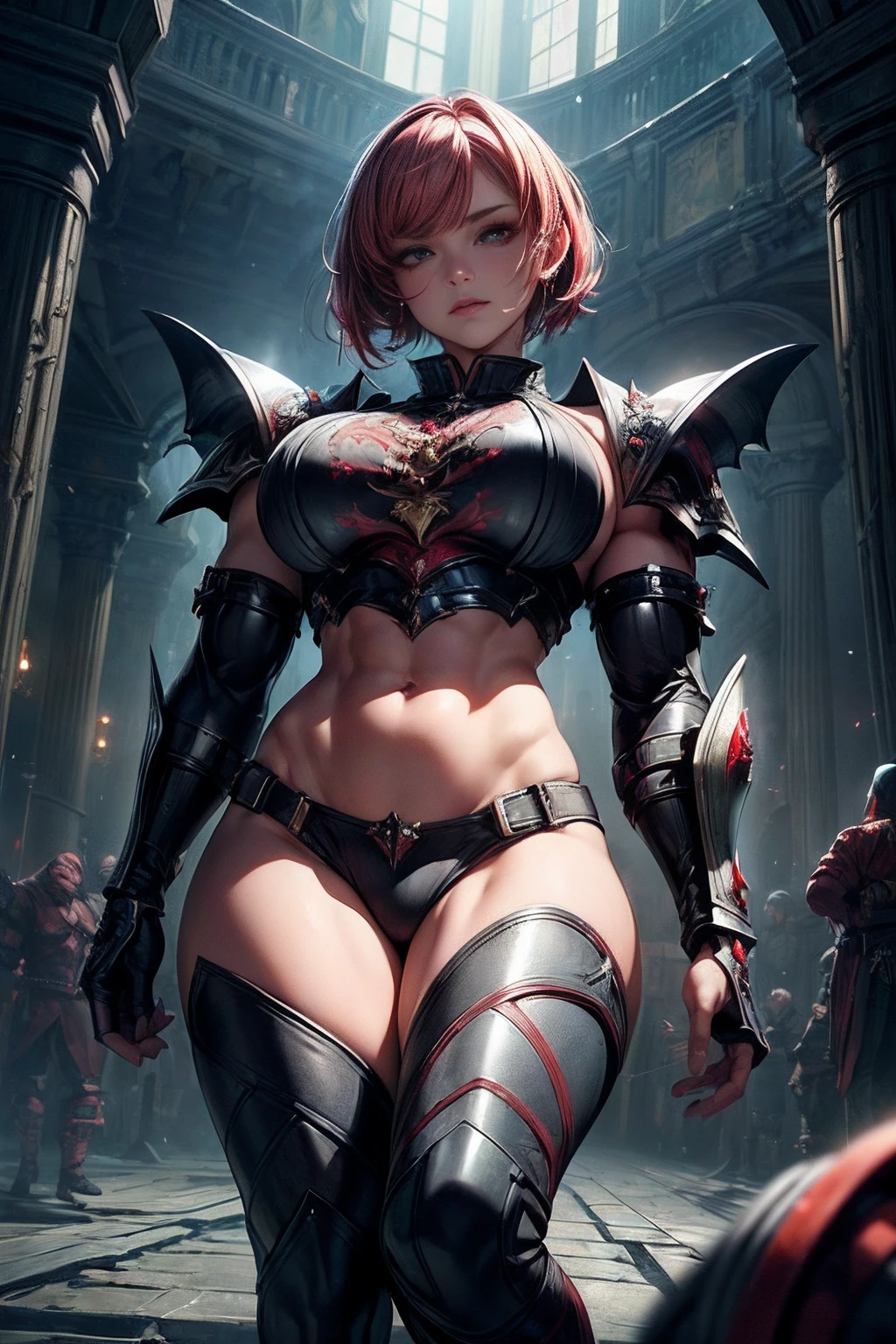 ((body builder:1.4)),(extremely detailed CG unity 8k wallpaper), (masterpiece), (best quality:1.2), (highres), (illustration:1.1), (cinematic light:1.1), finely detailed, intricate details, (best illustration), 8k resolution, intricate details, best quality, realistic, ultra-detailed, best illumination, best shadow, ultra-HD, cryengine, ultra hd, (detailed reflection), detailed shadows, (((intricate details))), smooth, ((perfect shading)), high quality metal texture, metallic luster, highly detailed illustration, (semi realistic:1.6), (wide_shot:1.2), (landscape view), (midriff), (great composition:1.0), (face to below knee:1.3), ((dark)), (embroidery armor:1.5), looking at viewer, full armor, 1boy, (solo), metal armor, (crew_cut_hair:1.8), knight, (slick back short hair:1.4), (red hair:1.3), silver_armor, night, expressionless, heavy breathing, ((holding shield:1.2)), head down, handsome, sharp, male focus, cuisses, gauntlets, shoulder armor, pauldrons, breastplate, knight, in Passage, (stout muscular body), (stout physique), savage facial features, stylish pose, dynamic pose, armor ornament, stairs, pillar, column, , gloomy, terrifying atmosphere, complicated background, dynamic camera angle, blood rain behind, (((high quality gothic ruins))), (depth of field), ((cinematic lighting)), ((dark fantasy:1.5)), spot color, monotone, red, splashing blood, (best illumination), (hyper intricate details), ((ultra-detailed)), 4k unity, (extremely detailed CG:1.2), (8k:1.1), Artstation, ((by Donato Giancola, by Wenjun Lin, by Keith Thompson)), ((semi-realistic)), (realism), (dynamic), (RFKTR_bontrex-150:0.5), busty, female, girl, curvy, bob hair, cute girl, big breast