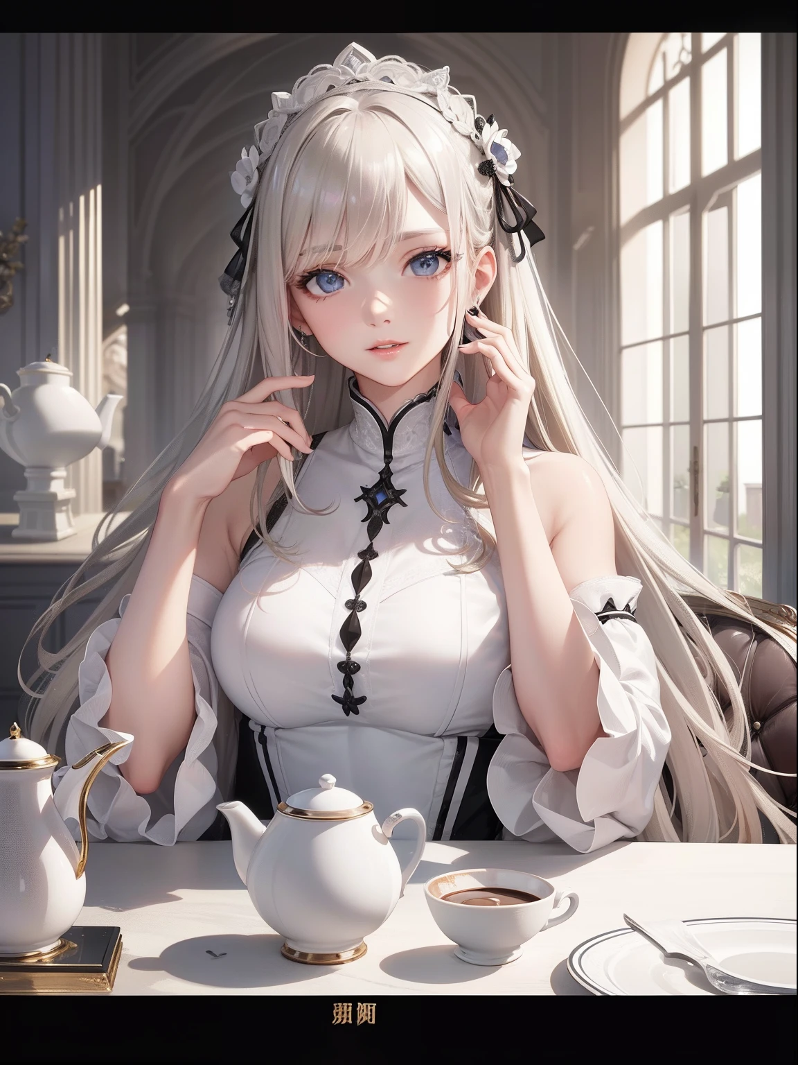 masterpiece、top-quality、hight resolution、High-quality images、8K、1womanl、detaileds、Detailed eye depiction、skin gloss、shinny hair、platinum-blonde long hair、Soft hair、anastasia、portlate、Monochrome grayscale、coffee mill、White ceramic cheek pot