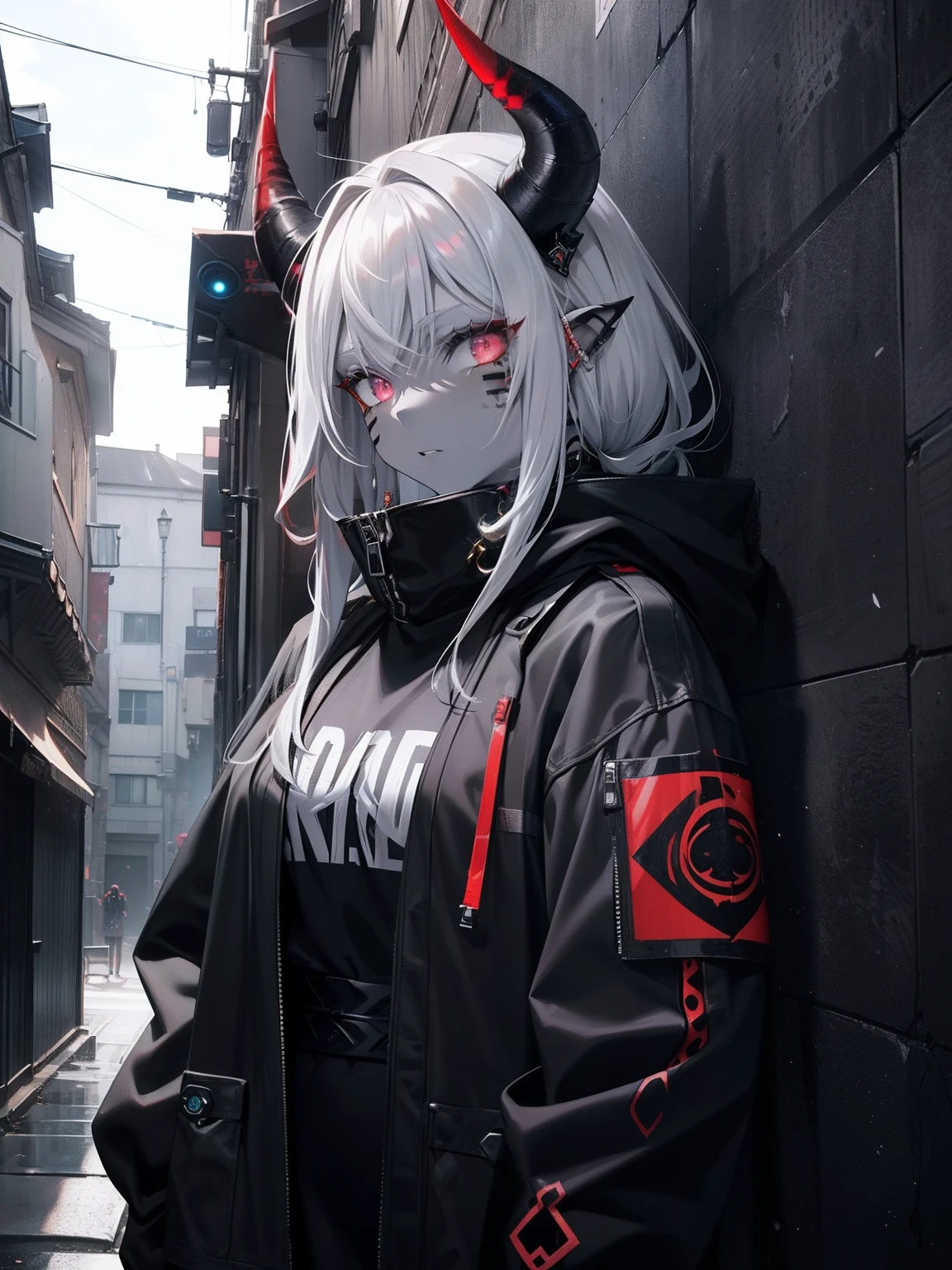 (Masterpiece, Best quality, ultra high resolution),1girl,redhead,oni horns,oni girl,face tattoo,(colored skin,grey skin,gray skin tone),black jacket,rock punk fashion, beautiful and detailed face, detailed eyes,in an alleyway,(grey theme)