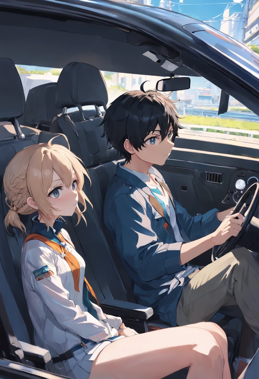 one anime boy in driving seat with steering wheel and one anime girl on other sitting in a car with a earphones on, an anime drawing by Shinoda Toko, tumblr, conceptual art, makoto shinkai and artgerm, sakimichan and makoto shinkai, visual novel cg, fiona staples and makoto shinkai, realistic anime 3 d style, photorealistic anime, driving, artwork in the style of guweiz