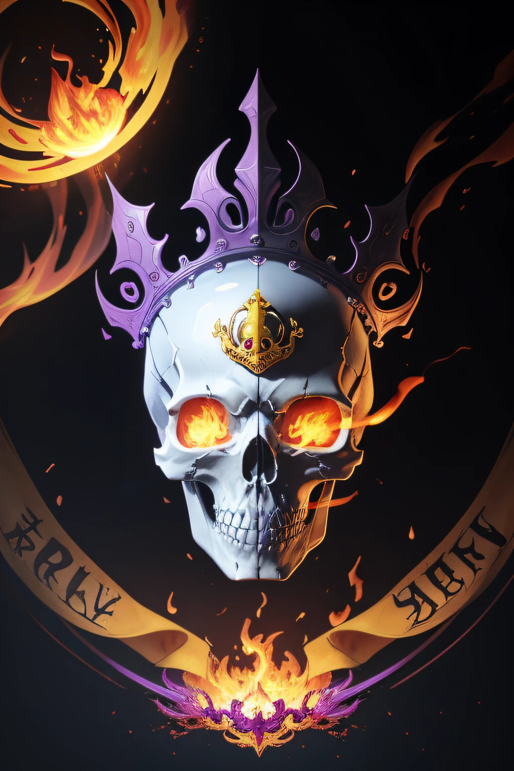 skull with flames and a banner with the words AJAKIS, fantasy skull, 8k high quality detailed art, flaming skull, background artwork, fiery skull contemplating life, 4k detailed digital art, 4k highly detailed digital art, crown of skulls, with a crown of skulls, profile picture 1024px, the king of death, painted in the style arcane