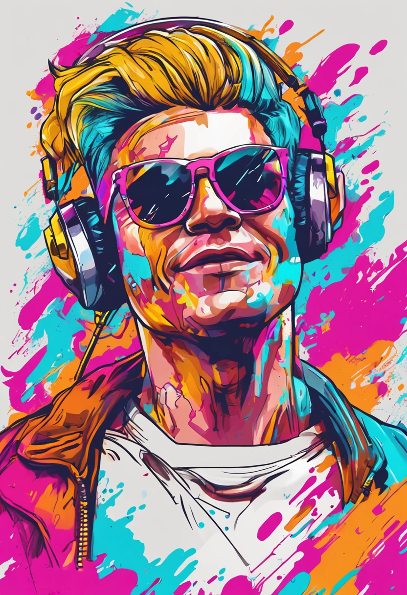 Splash art, estilo Fortnite, portrait poster, (fundo branco)), estilo splash de tinta coloful, contorno, hiperdetalhado intrincadamente detalhado, motor irreal, genial, detalhe intrincado, tela inicial, cores complementares, arte conceito de fantasia, 8K分辨率, deviantartmasterpiece, oil-painting, heavy strokes, tinta pingando, artes splash, sunglasses, tocando guitarra, WMASK