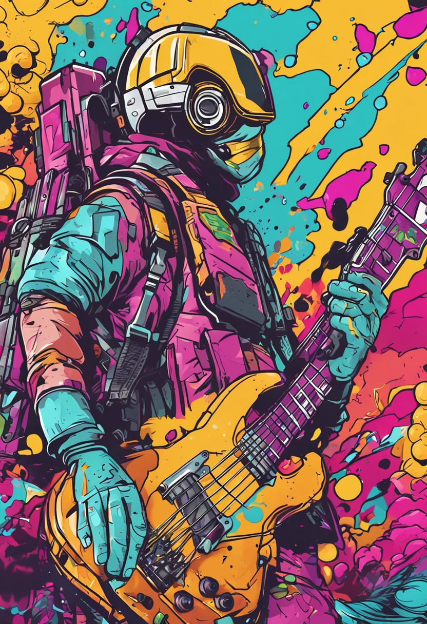 Splash art, estilo Fortnite, portrait poster, (fundo branco)), estilo splash de tinta coloful, contorno, hiperdetalhado intrincadamente detalhado, motor irreal, genial, detalhe intrincado, tela inicial, cores complementares, arte conceito de fantasia, 8K分辨率, deviantartmasterpiece, oil-painting, heavy strokes, tinta pingando, artes splash, sunglasses, tocando guitarra, WMASK