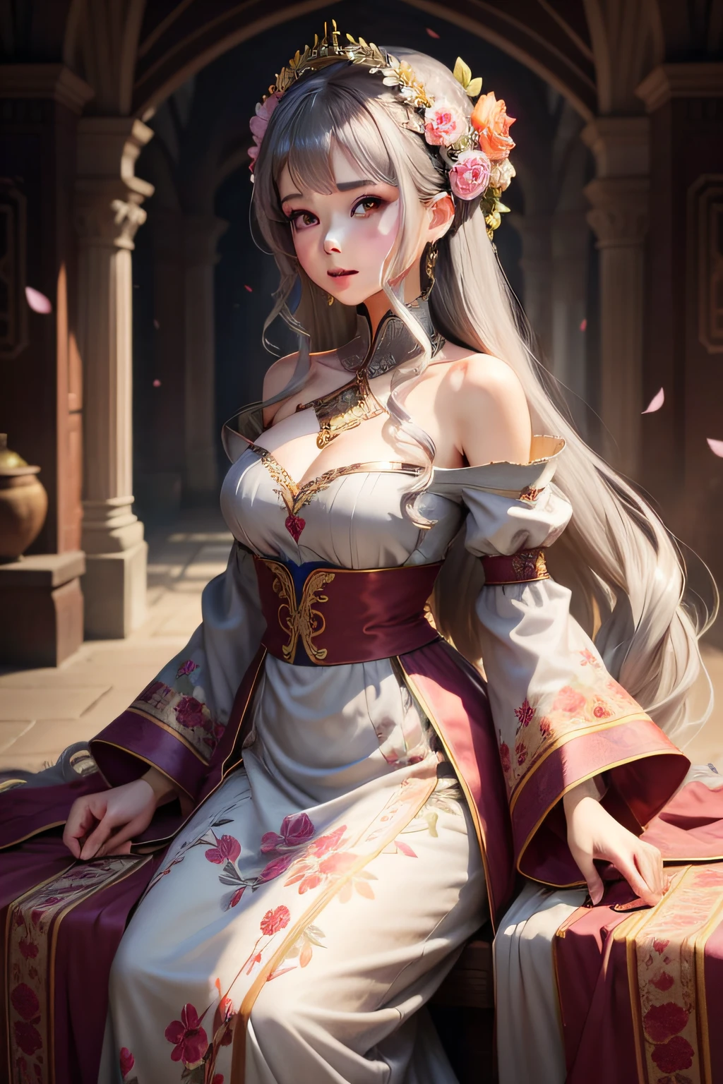 beautiful fantasy girl, grey hairs, attractive eyes, wearing floral gown, traditional emborider neckline, sleeves, modest clothing