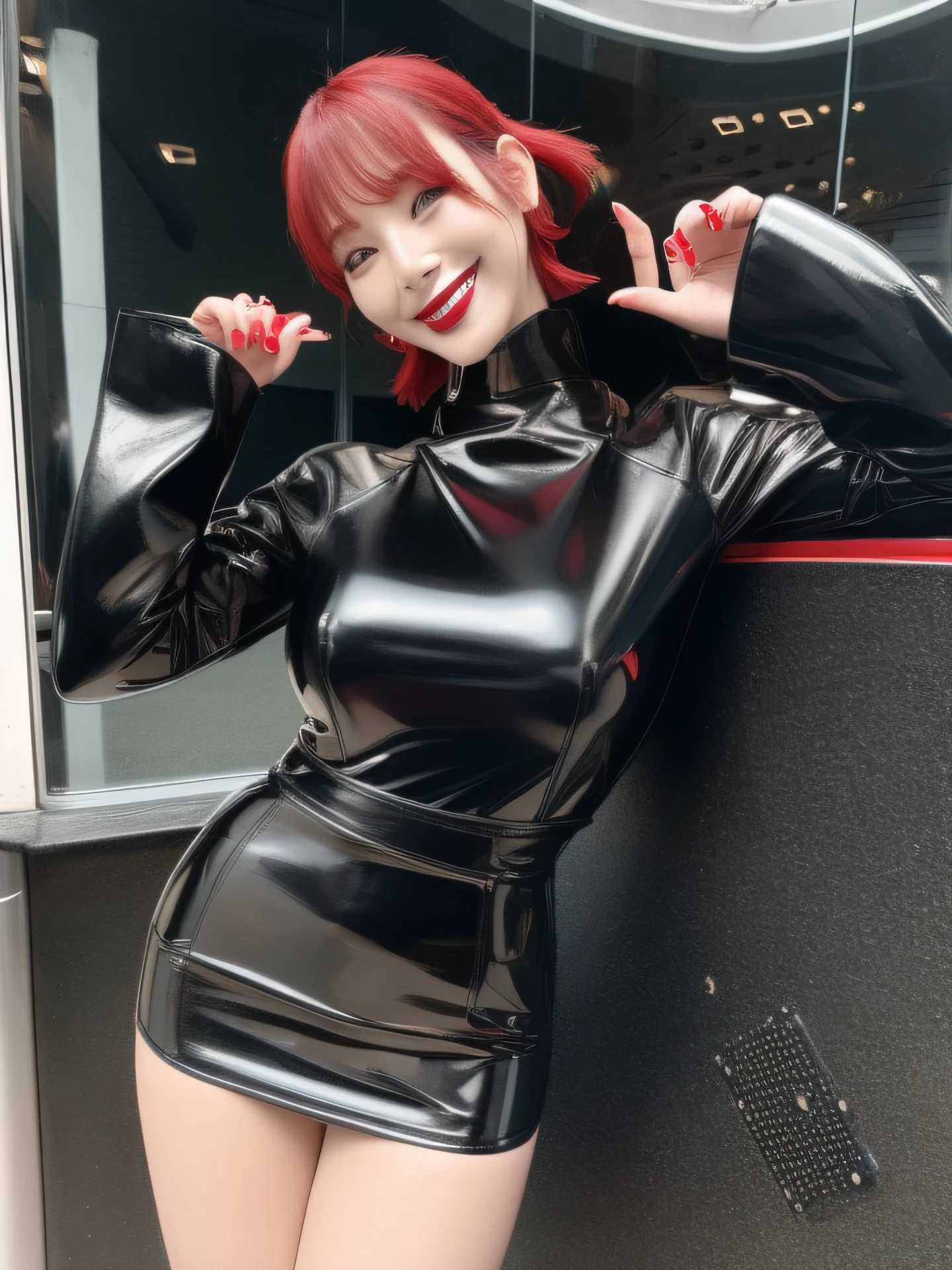 Black Enamel Bodycon、Bob Hair、red lipsticks、a miniskirt、Full smile、Kick