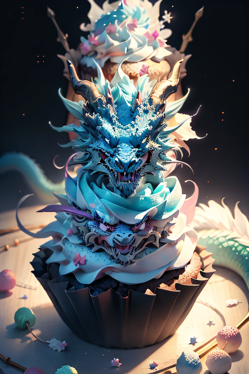 a candy coated cupcake dragon, frosting covered dragon, Cupcake on a dragon head.