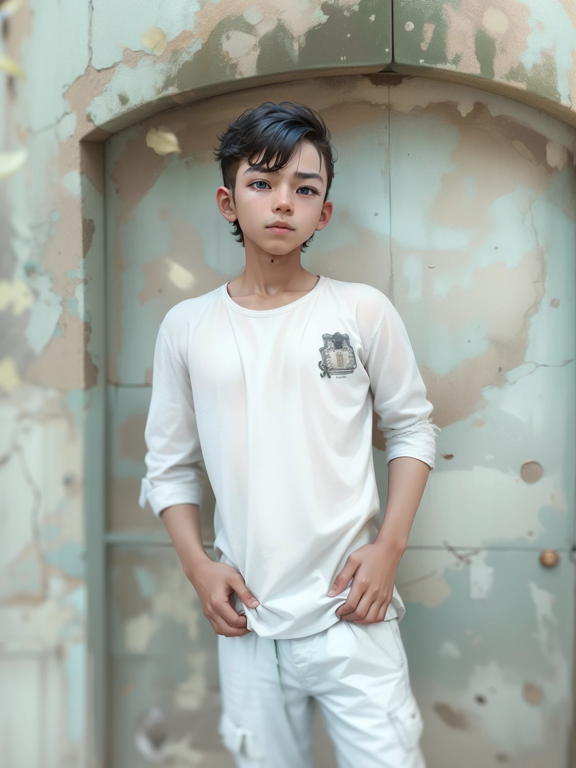 A boy with,Sit on the ground with bent legs,White skin,Trendy brunette hair,short skirt。 --auto