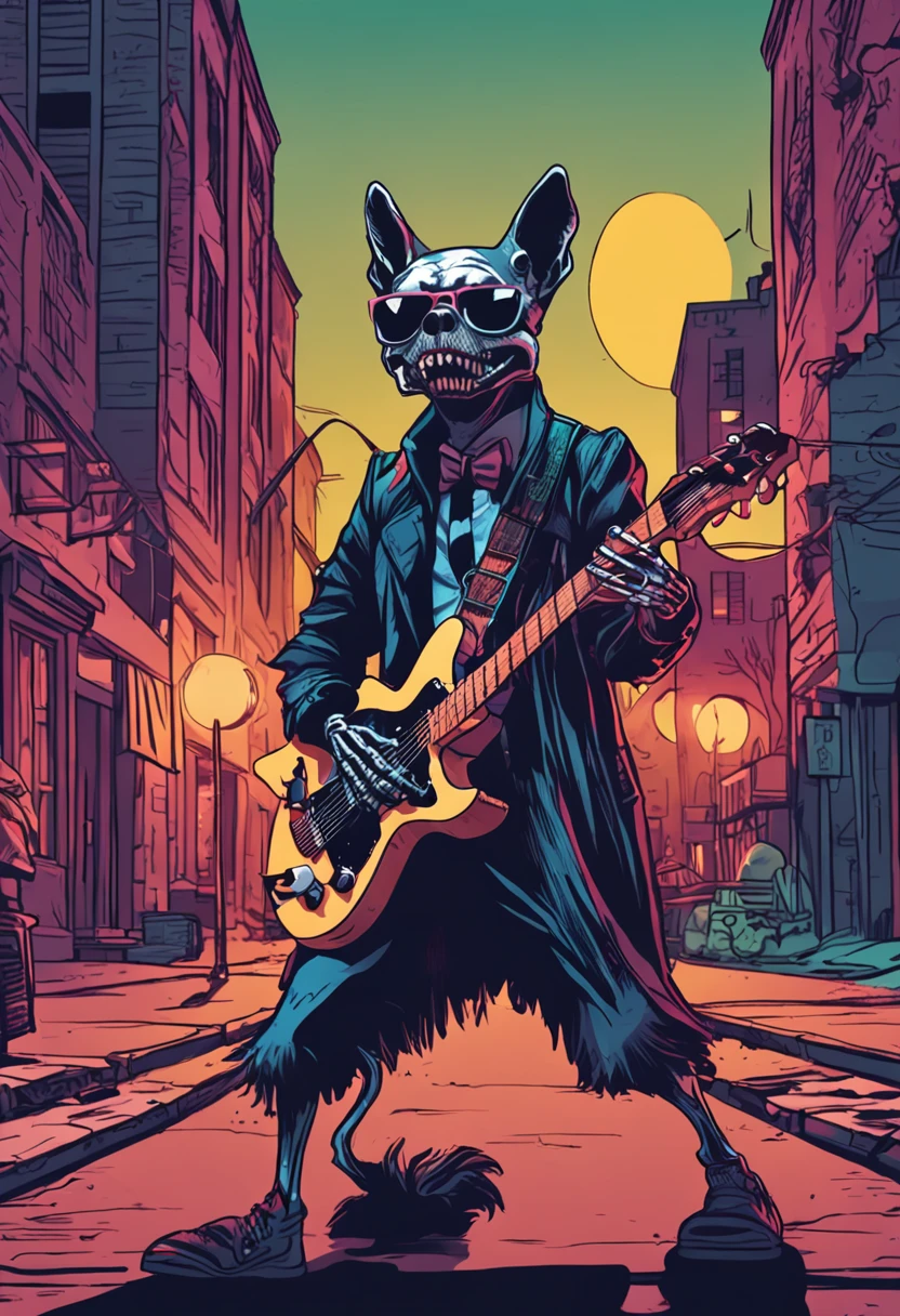 skeleton in sunglasses playing electric guitar, ao fundo, A shadowy city with low lights and vampire dogs