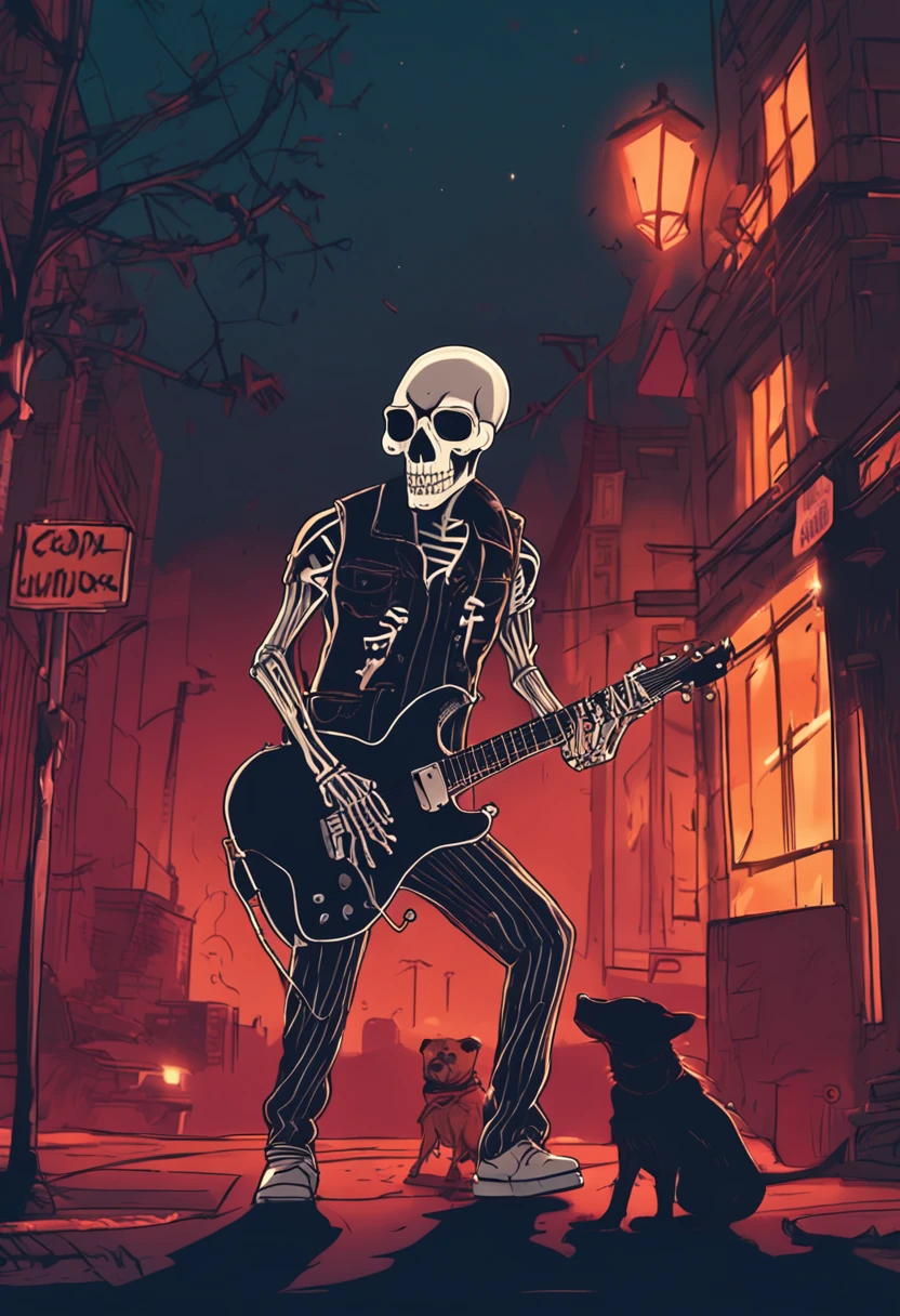 skeleton in sunglasses playing electric guitar, ao fundo, A shadowy city with low lights and vampire dogs