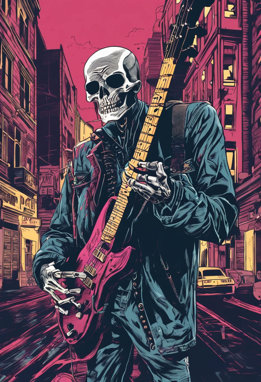 skeleton in sunglasses playing electric guitar, ao fundo, A shadowy city with low lights and vampire dogs