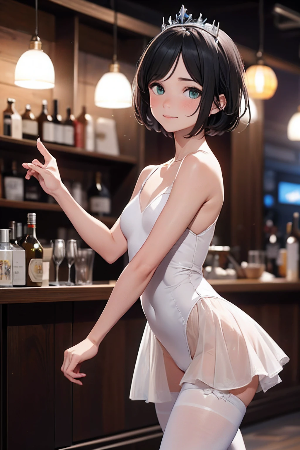 ((masterpiece,best quality)), highres, extremely detailed 8K wallpaper, depth_of_field, best shadow, (Colorful),(Delicate eyes and face), nice hand, Perfect hands, (no lighting), Ray tracing, BREAK
(1girl in), mogami \(kancolle\), black hair, short hair, black eyes / green eyes, swept bangs, small breasts, slender, skinny, smile, (full-face blush), BREAK,
(ballerina, ballet:1.2), (tutu:1.3), (white leotard:1.2), (white dress:1.3), (white pantyhose:1.2), bare shoulders, tiara, cameltoe, point shoes, ballet slippers, sexy, BREAK,
(cowboy shot and knee:1.5), stomach focus, ((dancing saloon)), night time, (dark backgrounds:1.3),