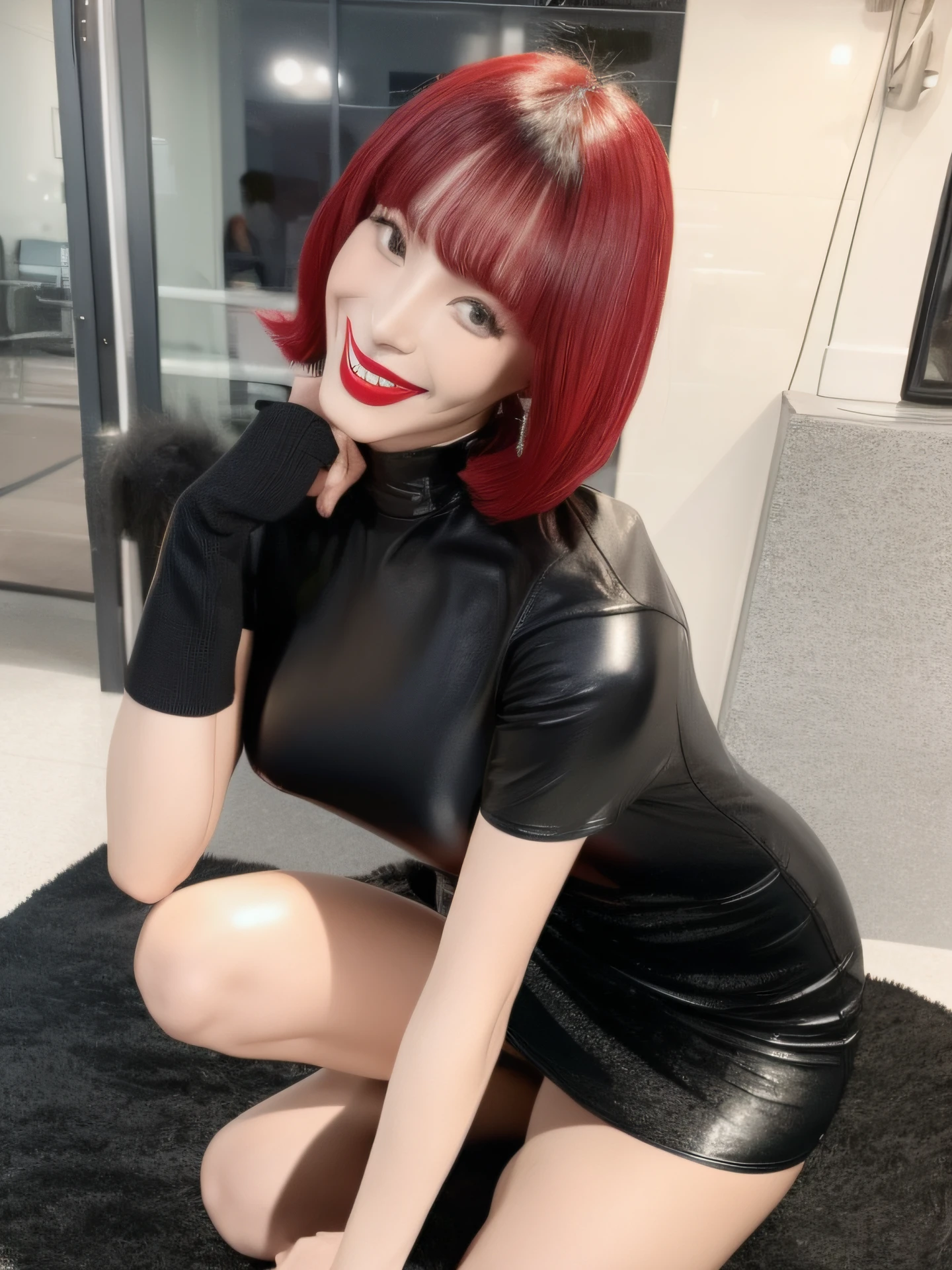 Black Enamel Bodycon、Bob Hair、red lipsticks、a miniskirt、Full smile、Kick