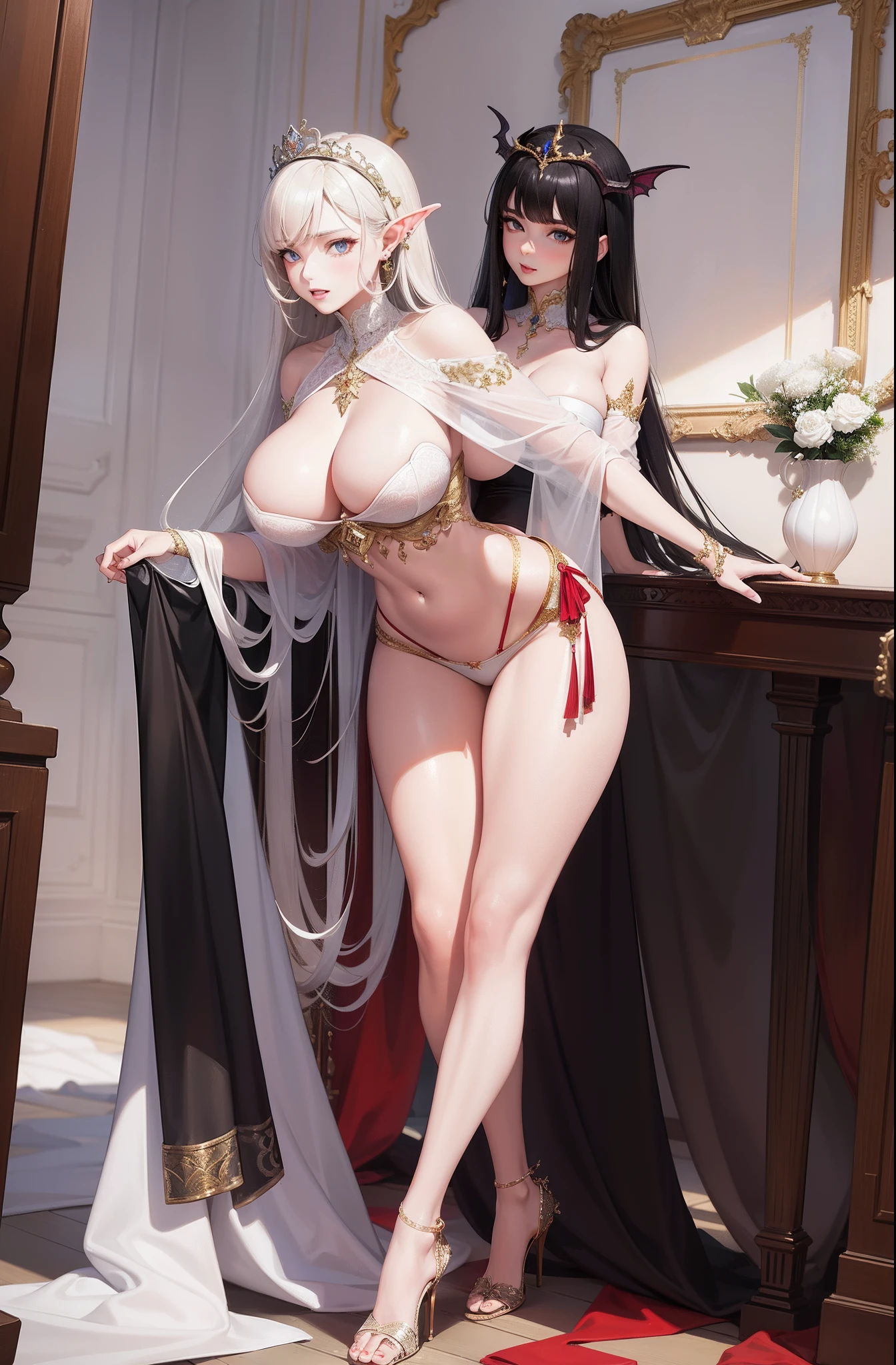 (Masterpiece:1.2, Best quality), (Very detailed face, Real picture, Delicate skin tone Realistic skin, Realistic body, Intricate details)，Full-fledged succubus，a queen，Tall figure，gigantic cleavage breasts，Large bust，gigantic ass，Large hips，large thick legs，Big breasts Thin waist，fully body photo，clear clothing，Whitens skin，high-heels，Scarlet gauze