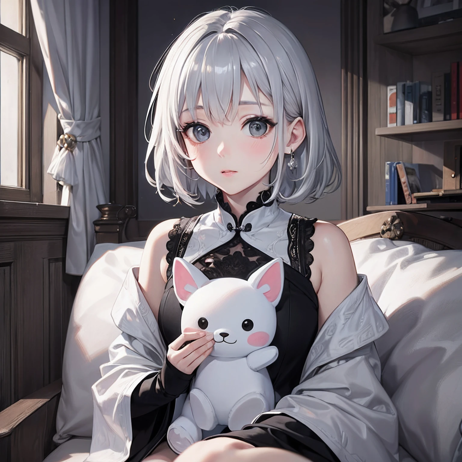 masterpiece、top-quality、hight resolution、High-quality images、8K、1womanl、detaileds、Detailed eye depiction、skin gloss、shiny very short silver hair、Nomiya、portlate、Monochrome grayscale、6years old、toddlers、plushies