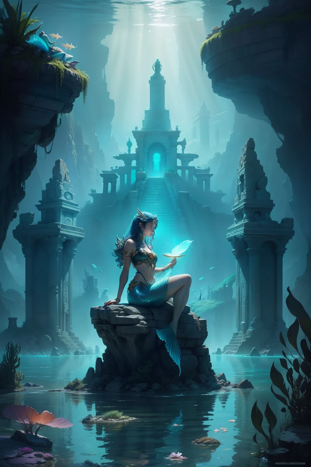 Picture of a mermaid, sitting on a rock in the ocean, The Lost City of Atlantis, underwater city, underwater temple, the lost city of Atlantis, underwater city, underwater temple, MasterpieceUnderwater Scene, City of Atlantis, Underwater temple with fish, breathtaking fantasy art, Fantasy Painting HD, fantasy artrealistic painting, Next to the Crystal Temple in Atlantis