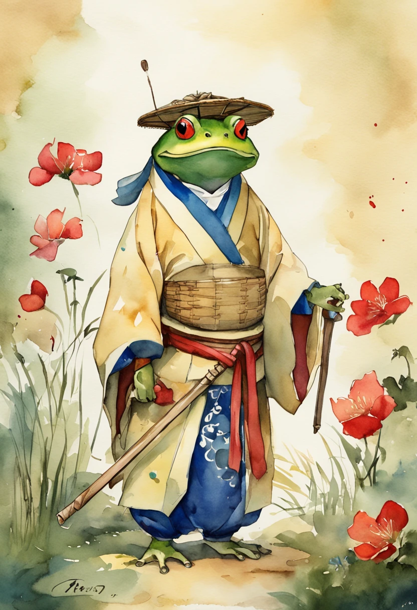 estilo estudio ghibli. frog wearing clothes from feudal japan. Ao por do sol