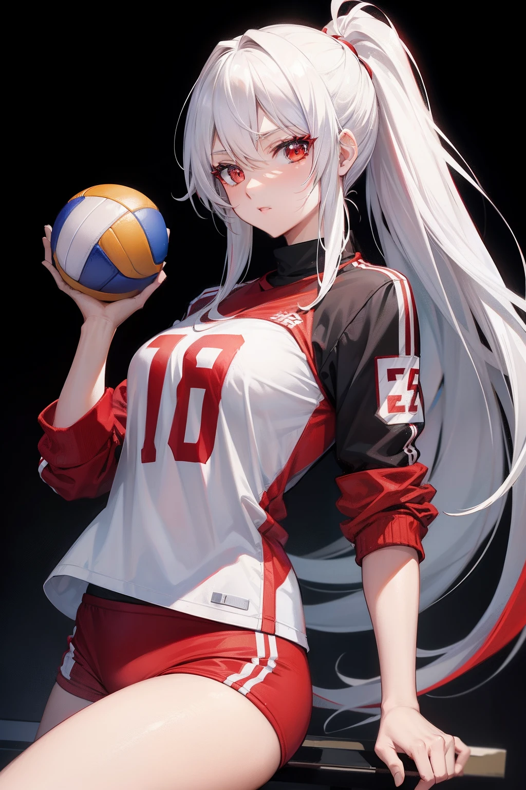 Kizi,Red eyes,White hair, female, volleyball jersey,