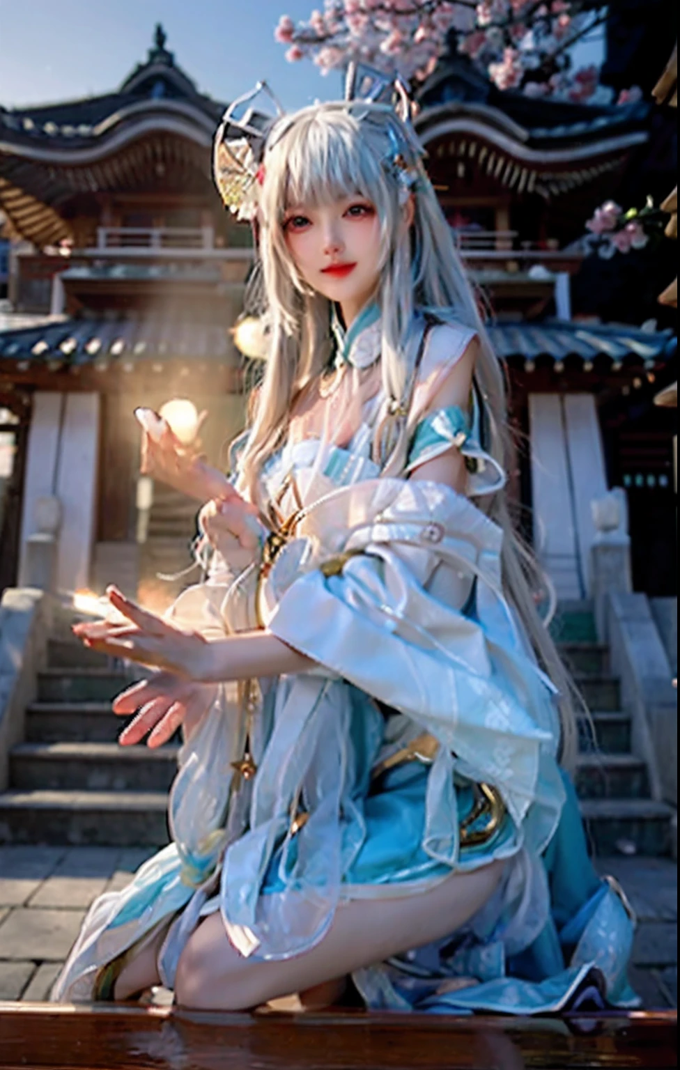 (ulzang-6500-v1.1:0.8),(RAW photo:1.2),((Photorealistic:1.4)),(Upper body),Best quality ,Masterpiece, An extremely delicate and beautiful, Extremely detailed ,CG ,Unity ,8K wallpaper, Amazing, finedetail, Masterpiece,Best quality,offcial art,Extremely detailed Cg Unity 8K wallpaper,absurderes, unbelievable Ridiculous, hugefilesize, Ultra-detailed, A high resolution, Extremely detailed,Beautiful detailed girl, Extremely detailed eyes and face, Beautiful detailed eyes,light in face,Cinematic lighting,1girll,view the viewer,east asian architecture,(The background is blurred out:1.2),Cherry blossoms, Lantern light, Depth of field,