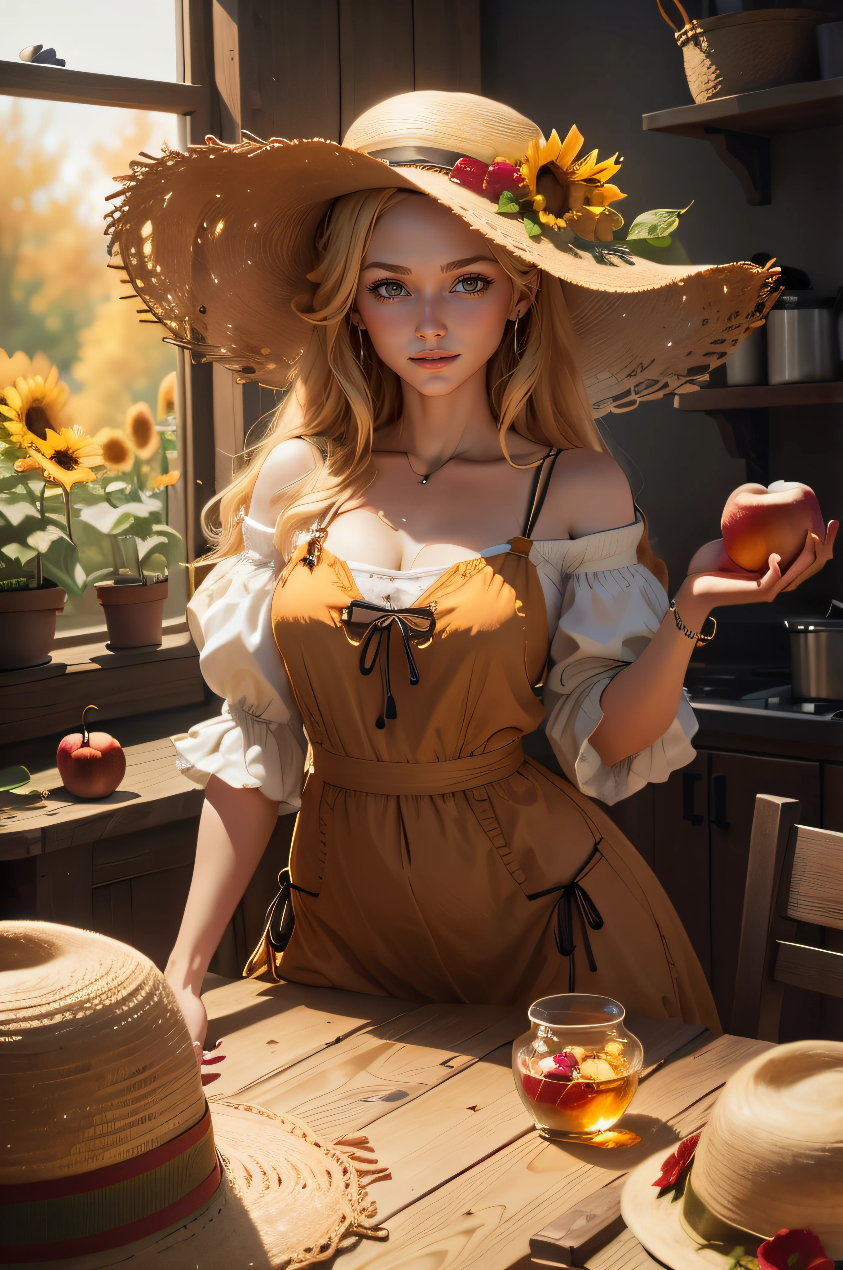 a jar of Hunny is on the table a woman {{BEST HAND}} with a hat holding an apple, beautiful sunflower Swedish girl, the goddess of autumn harvest, masterpiece, 🌺 GSociety, with straw hat, render of April, adorable digital painting, goddess of autumn, beautiful digital artwork.