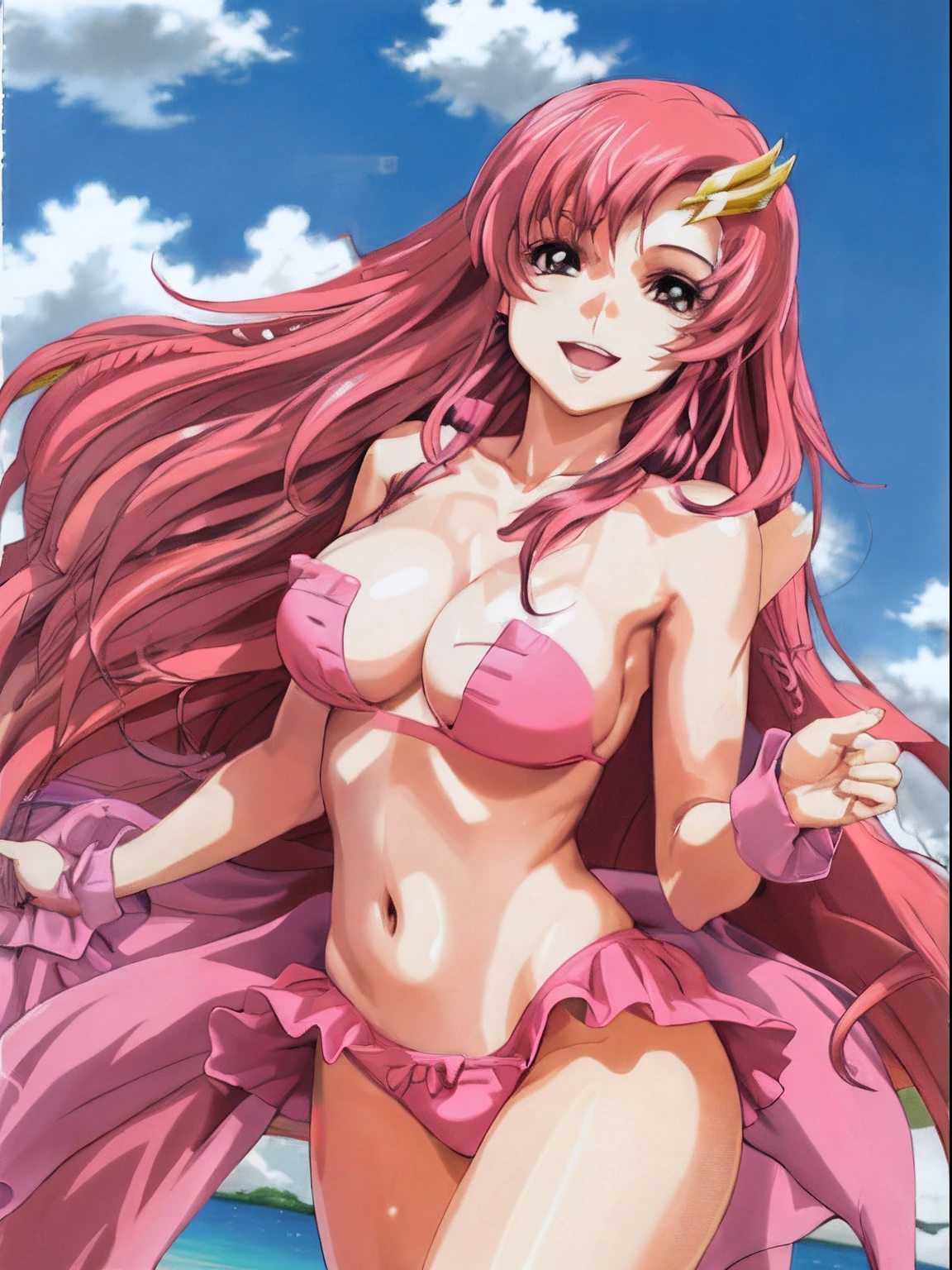 (masterpiece, 4K, Best Quality, Anime style: 1.9, bold drawing lines, High color saturation, Detailed face, tall, Adult Woman, lovely, (cloud background), Drawing lines, high resolution, Anime, lacus4), 1girl in, Solo, curvy figure, Long hair, 鎖骨, scapular, Wavy Hair, Detailed wide hair bangs, Hair Ornament, Detailed reddish-pink hair, , large hands, (Big blue eyes), Smile, closed mouth, very slim belly, Very happy, closed fists, (laughing, open mouth), ((medium breasts)k tiny bikini top with frills, pink bikini thong), elbow pads, strong arms, biceps, rib lines, long belly, lip stick, (lean forward)