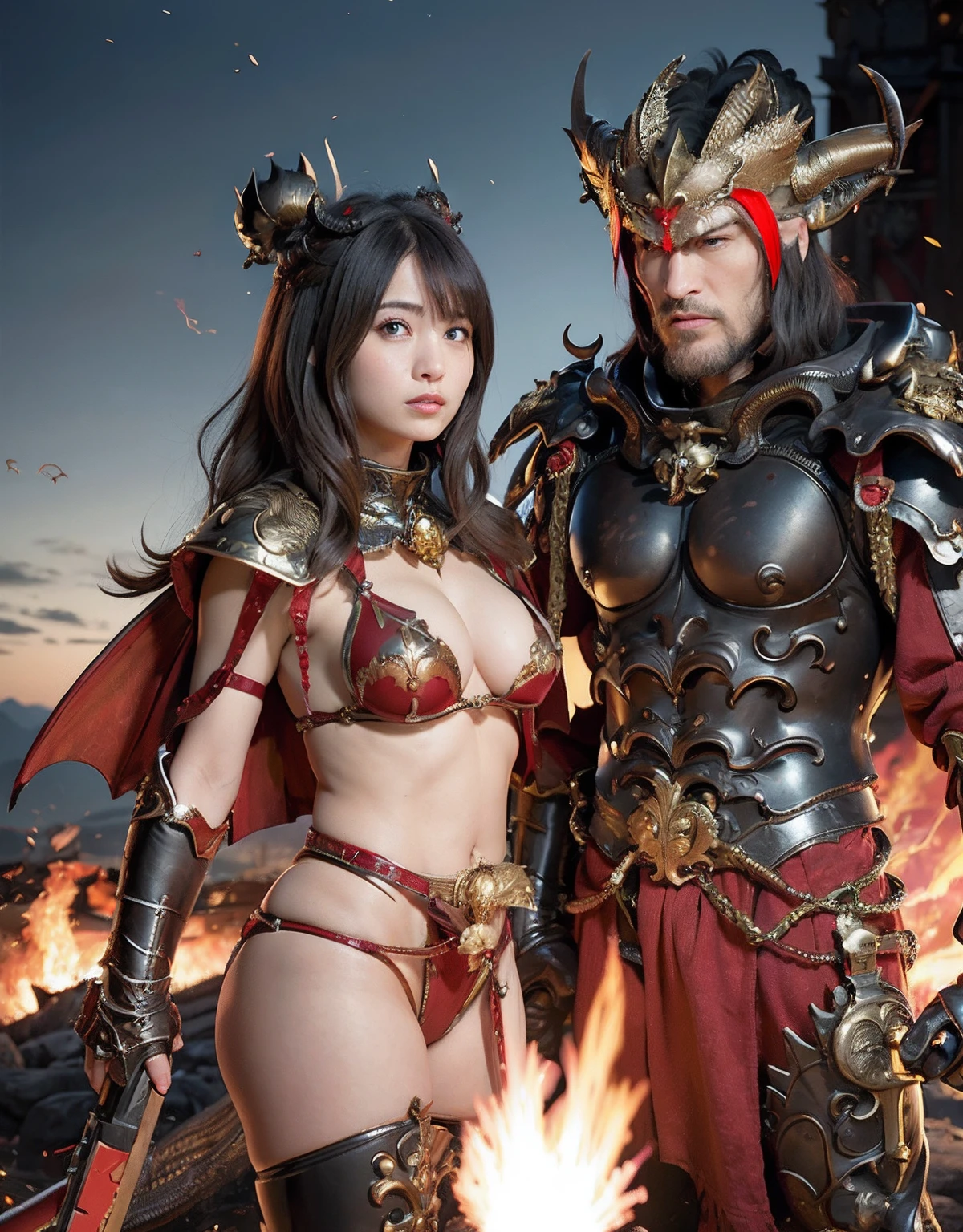 Professional , ​masterpiece、top-quality、photos realistic , depth of fields 、（Dragon Red Metal Body:1.９),(Enamel Red、（cleavage of the breast）、Dragon Gold Weapon、（Red Micro Bikini Armor:1.４),Gorgeous gold weapons ,(Riding a Demon Beast),（（ Dragon's dense and gorgeous sword）） , （demonic wings）、（（a blond））、（Castle background）、（（Gangle's forest background））、（（Fight dragons））、Beautiful Caucasian beauty、１a person、dynamic ungle,(((Detailed and ornate dragon helmet)))、Smaller head、A smile、Castle background、Thin and beautiful female hands、cleavage of the breast、Soldier in iron armor on background、Mystical expression、Light Effects、intense fighting、Wind-effect、magic circles、With the legendary magic wand、Dragon's tail、explosions、Anatomically correct body、