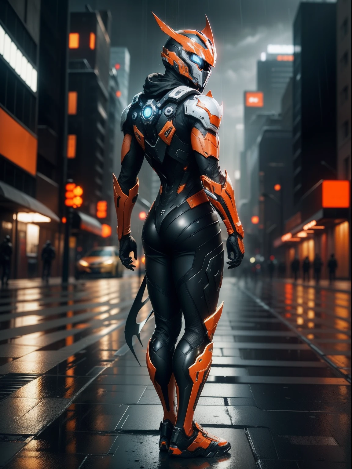 Tokusatsu Simple Warframe Carbon Fiber Belt City Background Highest Image Quality Orange White Rainy Day Reflection on the ground Sci-Fi Soft light