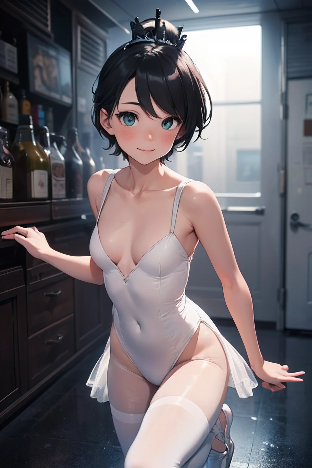 ((masterpiece,best quality)), highres, extremely detailed 8K wallpaper, depth_of_field, best shadow, (Colorful),(Delicate eyes and face), nice hand, Perfect hands, (no lighting), Ray tracing, BREAK
(1girl in), mogami \(kancolle\), black hair, short hair, black eyes / green eyes, swept bangs, small breasts, slender, skinny, smile, (full-face blush), BREAK,
(ballerina, ballet:1.2), (tutu:1.3), (white leotard:1.2), (white dress:1.3), (white pantyhose:1.2), bare shoulders, tiara, cameltoe, point shoes, ballet slippers, sexy, BREAK,
(cowboy shot and knee:1.5), stomach focus, ((dancing saloon)), night time, (dark backgrounds:1.3),