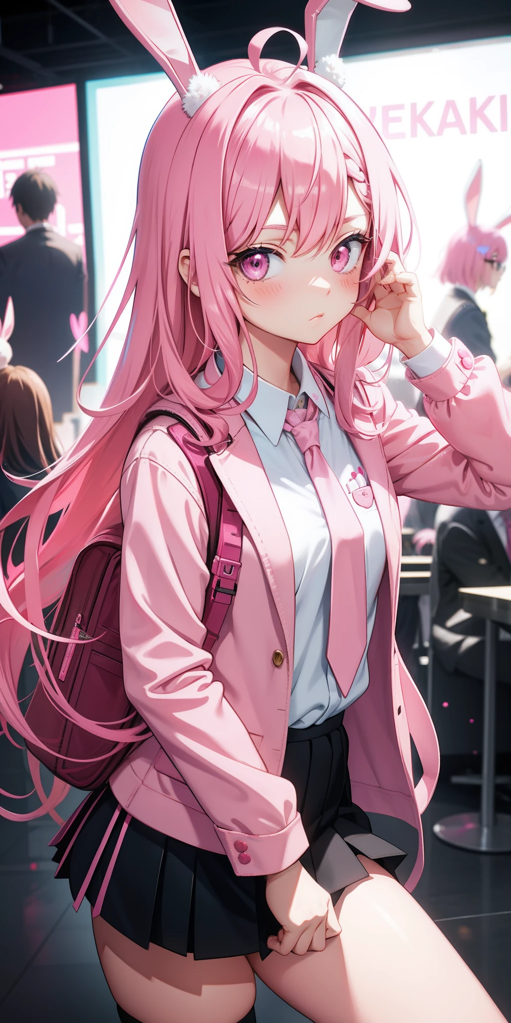 Anime girl with pink hair and bunny ears in pink tie, pink eyes, shy blush, pretty, small satchel, cyberpunk