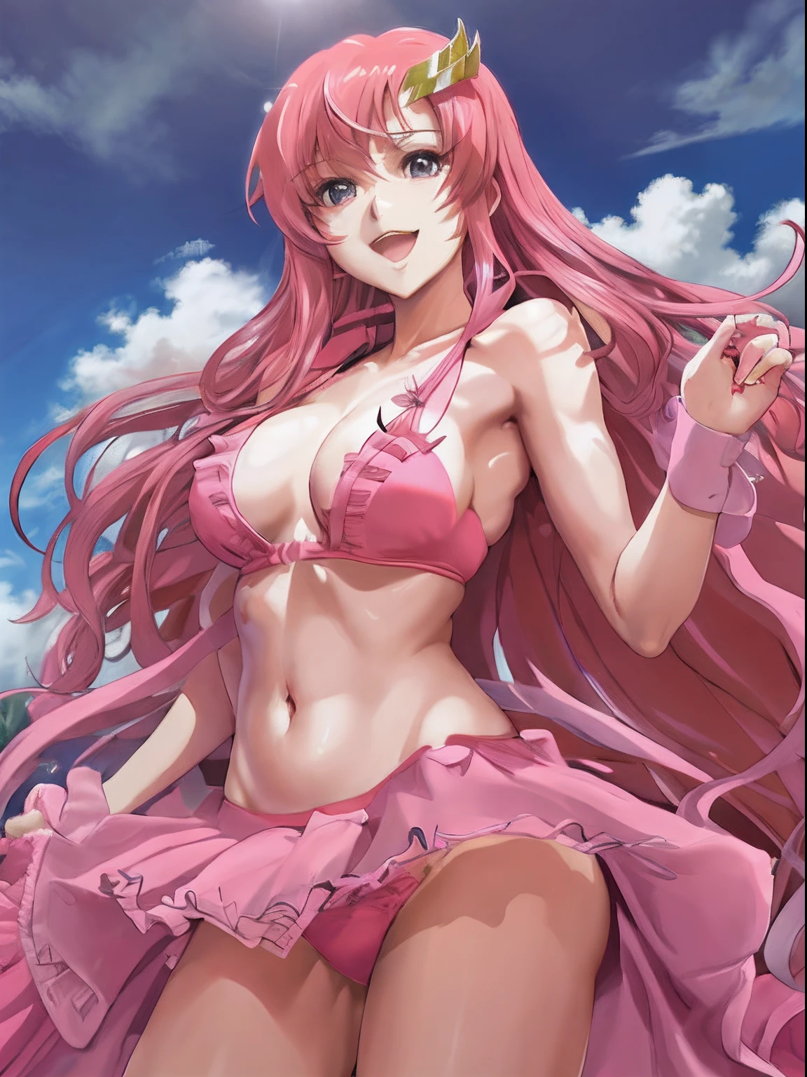 (masterpiece, 4K, Best Quality, Anime style: 1.9, bold drawing lines, High color saturation, Detailed face, tall, Adult Woman, lovely, (cloud background), Drawing lines, high resolution, Anime, lacus4), 1girl in, Solo, curvy figure, Long hair, 鎖骨, scapular, Wavy Hair, Detailed wide hair bangs, Hair Ornament, Detailed reddish-pink hair, cleavage, large hands, (Big blue eyes), Smile, closed mouth, very slim belly, Very happy, closed fists, (laughing, open mouth), ((medium breasts)), (pink tiny bikini top with frills, pink bikini thong), elbow pads, strong arms, biceps, rib lines, long belly, lip stick, (lean forward)