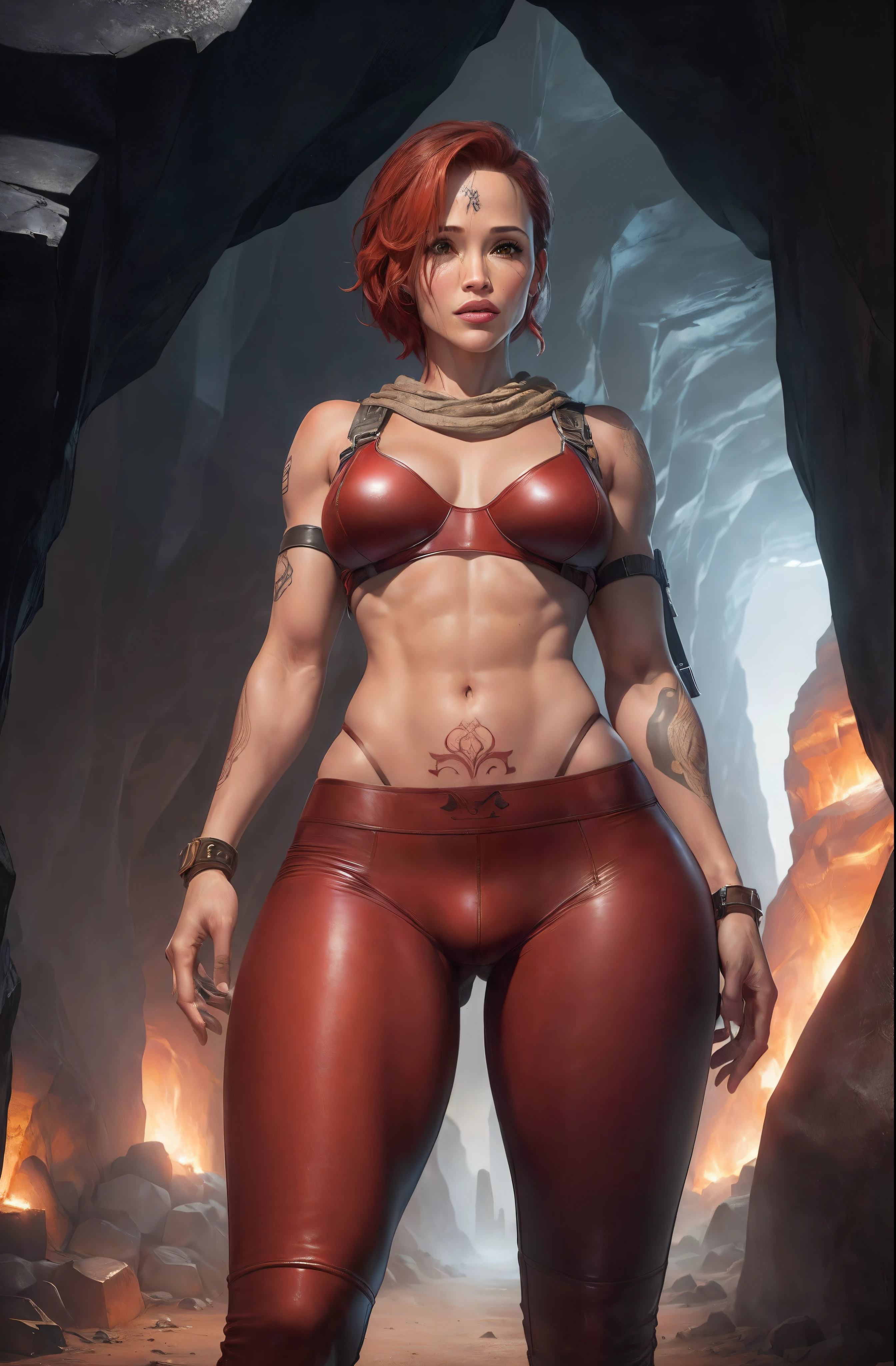 ((Jennifer Garner as Electra), ((very short red hair)), large breasts, ((tattoos covering body)), ((very defined muscles)), ((narrow waist)), ((thin waist)), ((red leather pants with underwear showing)), ((small amount of pubic hair)), (Electra), ((camel toe)), ((cameltoe)), ((Tomb Raider style)), ((in a dark cavern city))