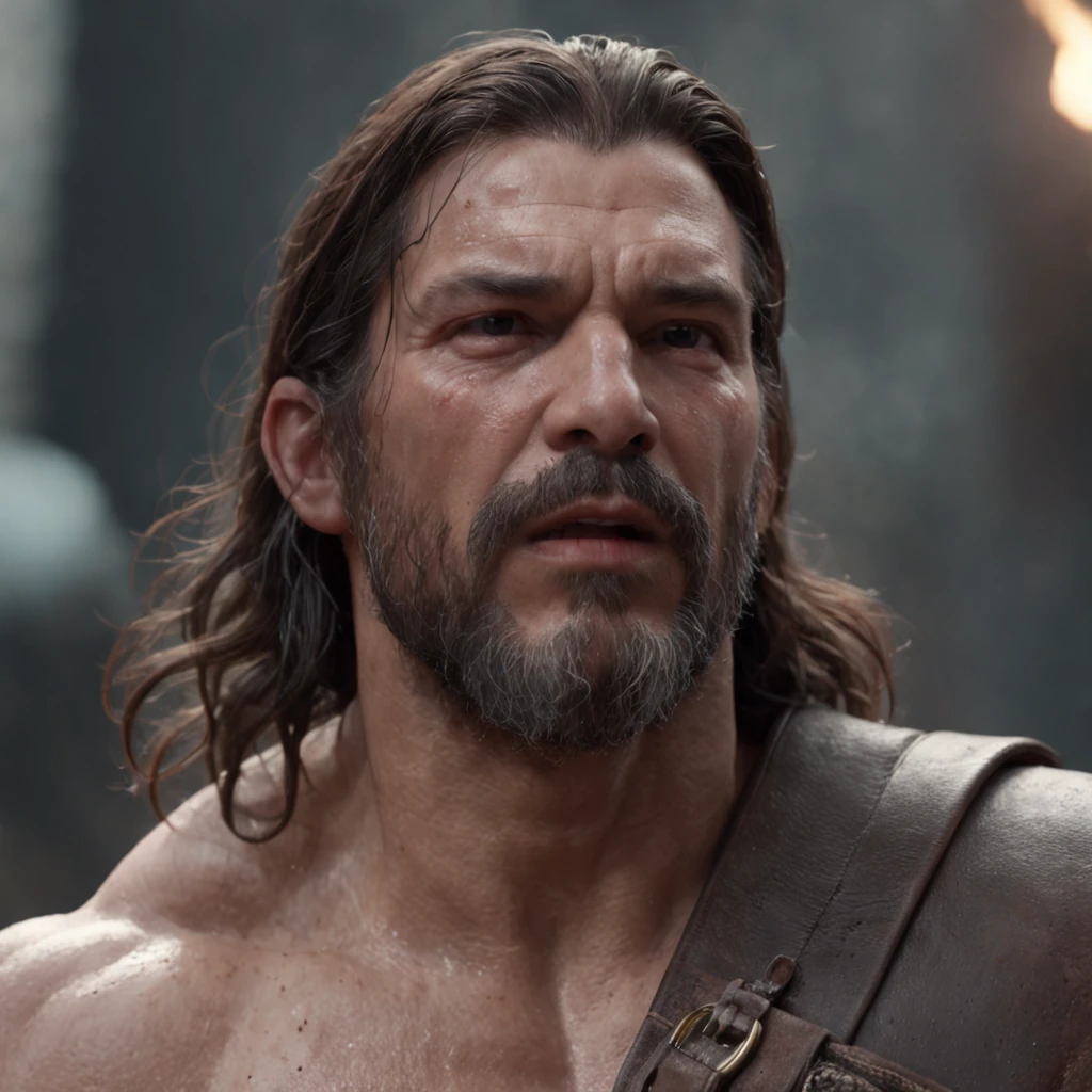 (Renderizado 3D profesional:1.3) de (realista:1.3) The most beautiful art photo in the world,Features soft and bright male heroes, ((Epic hero fantasy muscular rough man wet hero angry look long hair short beard and fierce expression in dynamic pose, Fantastic location, majestuoso entorno desordenado)), Renderizado 8k Unity de cuerpo completo, action shot, poro de la piel, very dark lighting, Sombreado pesado, Detallado, Cara detallada, (Vibrante, Realistic photography, realista, dramatic, oscuro, foco nítido, 8k), (Old leather garments damaged by weathering:1.4), ((((Use pieles)))), (intrincado:1.4), decadente, (Altamente detallado:1.4), Pintura digital, Renderizado por Octane, Estaciones de arte, Concepto-Arte, Suave, foco nítido, 插圖, Arte Germen, (loish:0.23), WLOP Ilya Kuvshinov, y Greg Rutkowski y Alphonse Mucha gracias, (global ilumination, Luz de estudio, Light Volumetric), fuertes lluvias, particles floating, LotR, fantasy, Once, cuerpo completosbian, ((Fondo oscuro y antiguo de la ciudad:1.3)),CGSesociety,Estaciones de arte