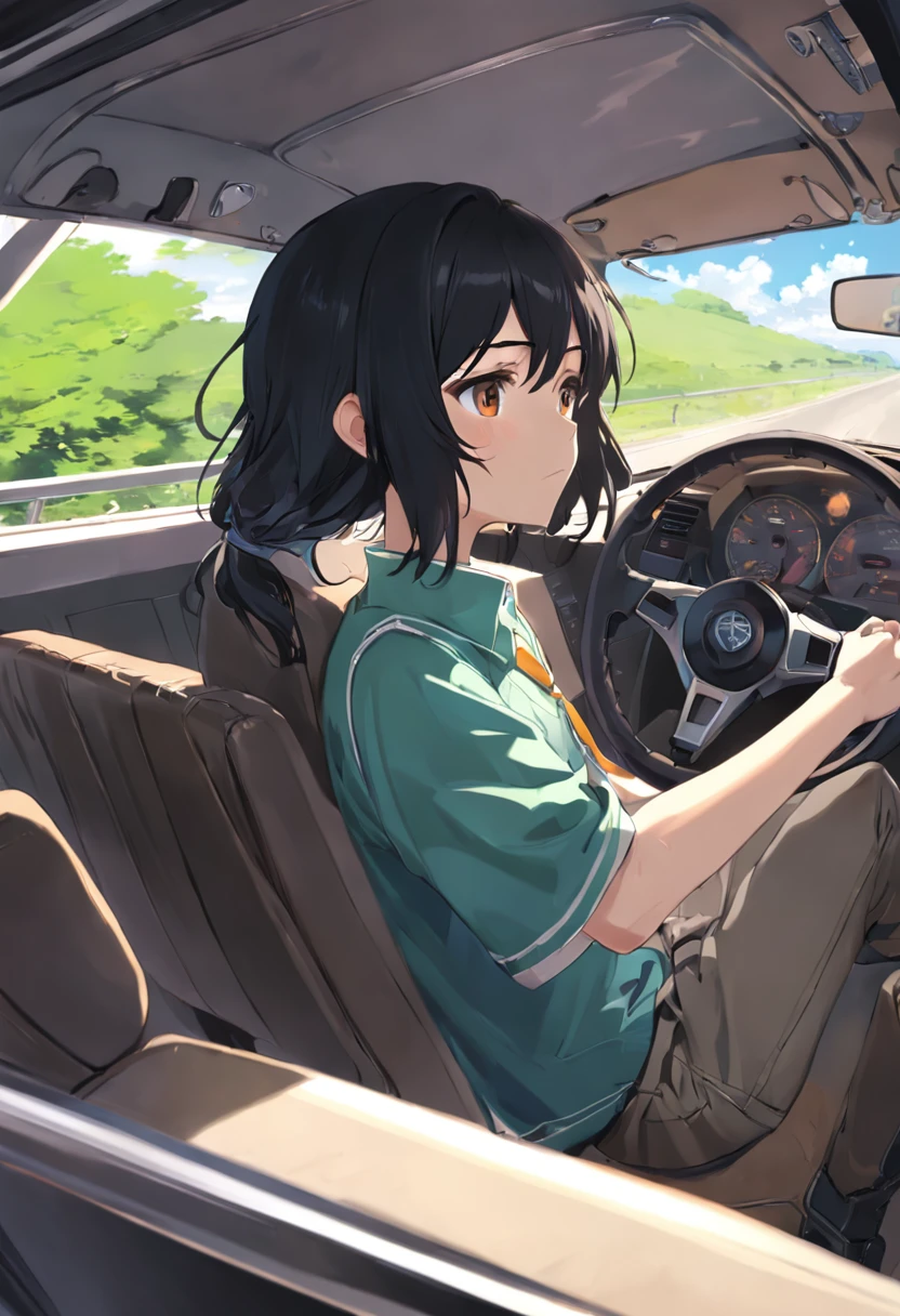 one adult anime boy in driving seat with steering wheel and one teenage anime girl with black hair and brown eyes on other sitting in a car with a earphones on, an anime drawing by Shinoda Toko, tumblr, conceptual art, makoto shinkai and artgerm, sakimichan and makoto shinkai, visual novel cg, fiona staples and makoto shinkai, realistic anime 3 d style, photorealistic anime, driving, artwork in the style of guweiz. lush green mountains out of the window