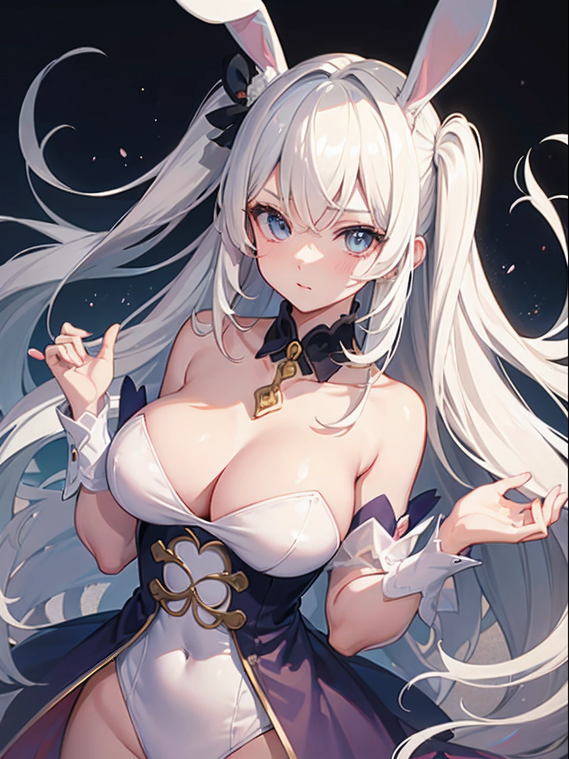 ((Best Quality)), (ultra-detailliert), ((Extremely detailed)), (Beautiful), ((Kawaii Girl)),(two side up hair)、((masutepiece)),Platinum Blonde Hair,Long hair, hair between eye, Wavy Hair, Long sideburns,Jade-colored eyes, White skin,Colossal tits、Rabbit ears,Slender body,playboy_bunny,Standing,Look Camera,One Woman,Anime